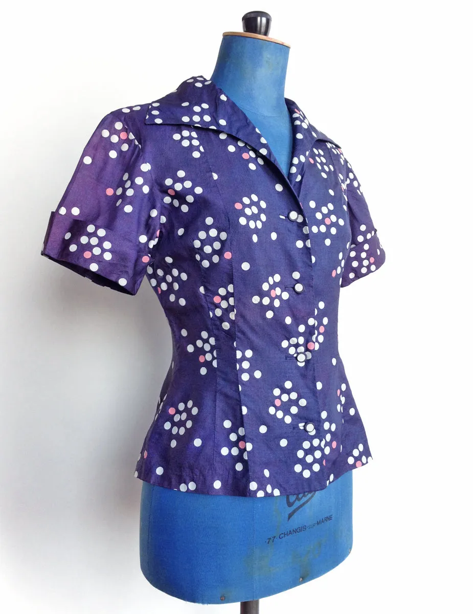 1950s Polka Dot Blouse Blue Pink