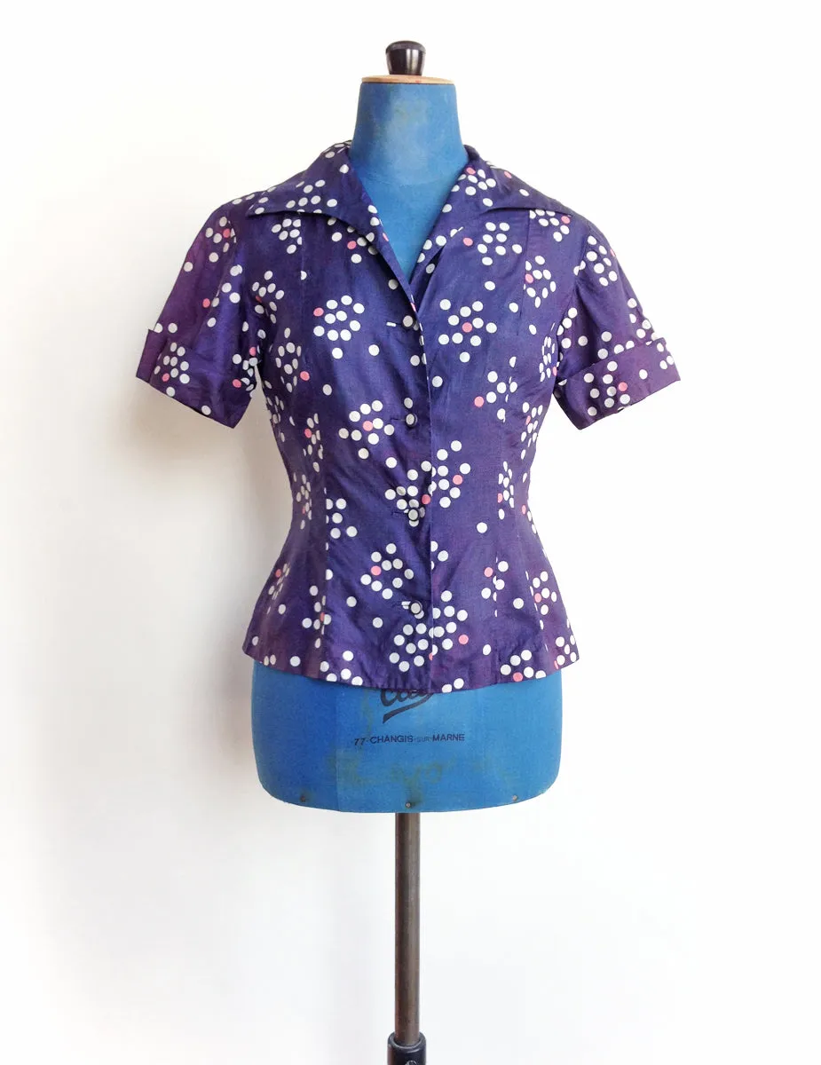1950s Polka Dot Blouse Blue Pink