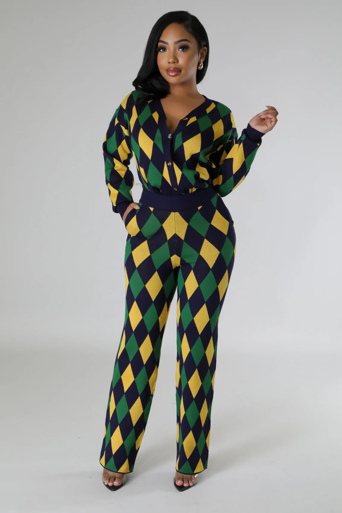 26975P - CHECKERED KNIT CARDIGAN&PANTS SET (4PCS)