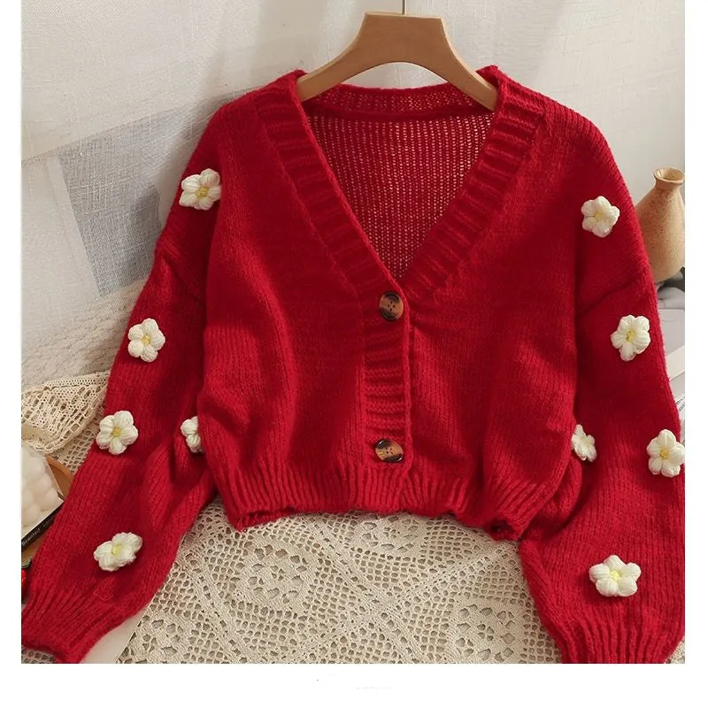 3D Flower Cropped Cardigan Sweater