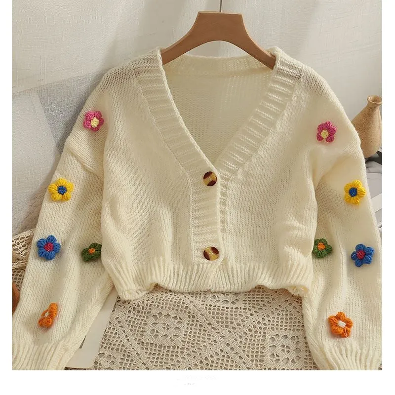 3D Flower Cropped Cardigan Sweater