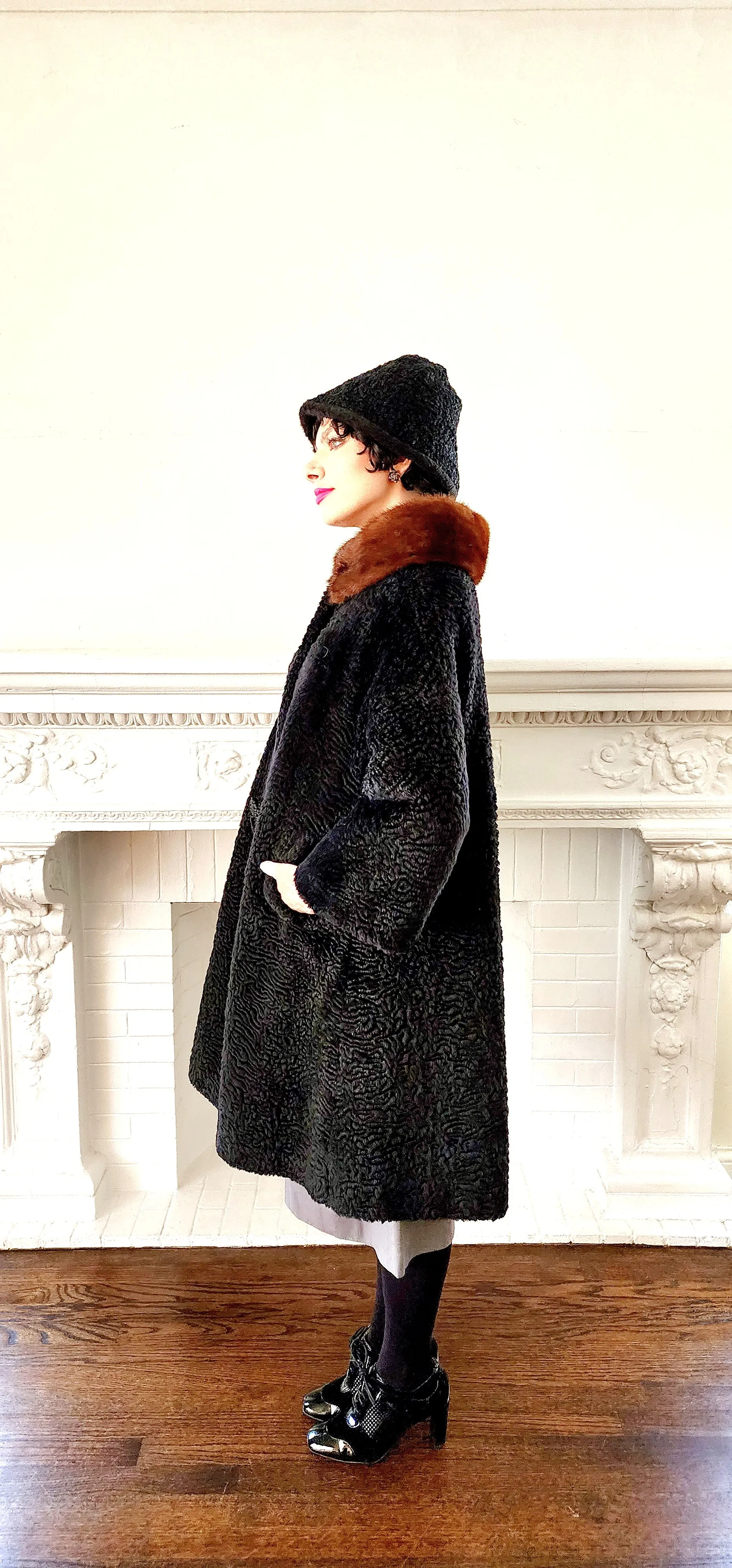 60s Black Coat in Faux Persian Curly Wool by Sai Shai & Brown Mink Collar Howard Lyon Inc