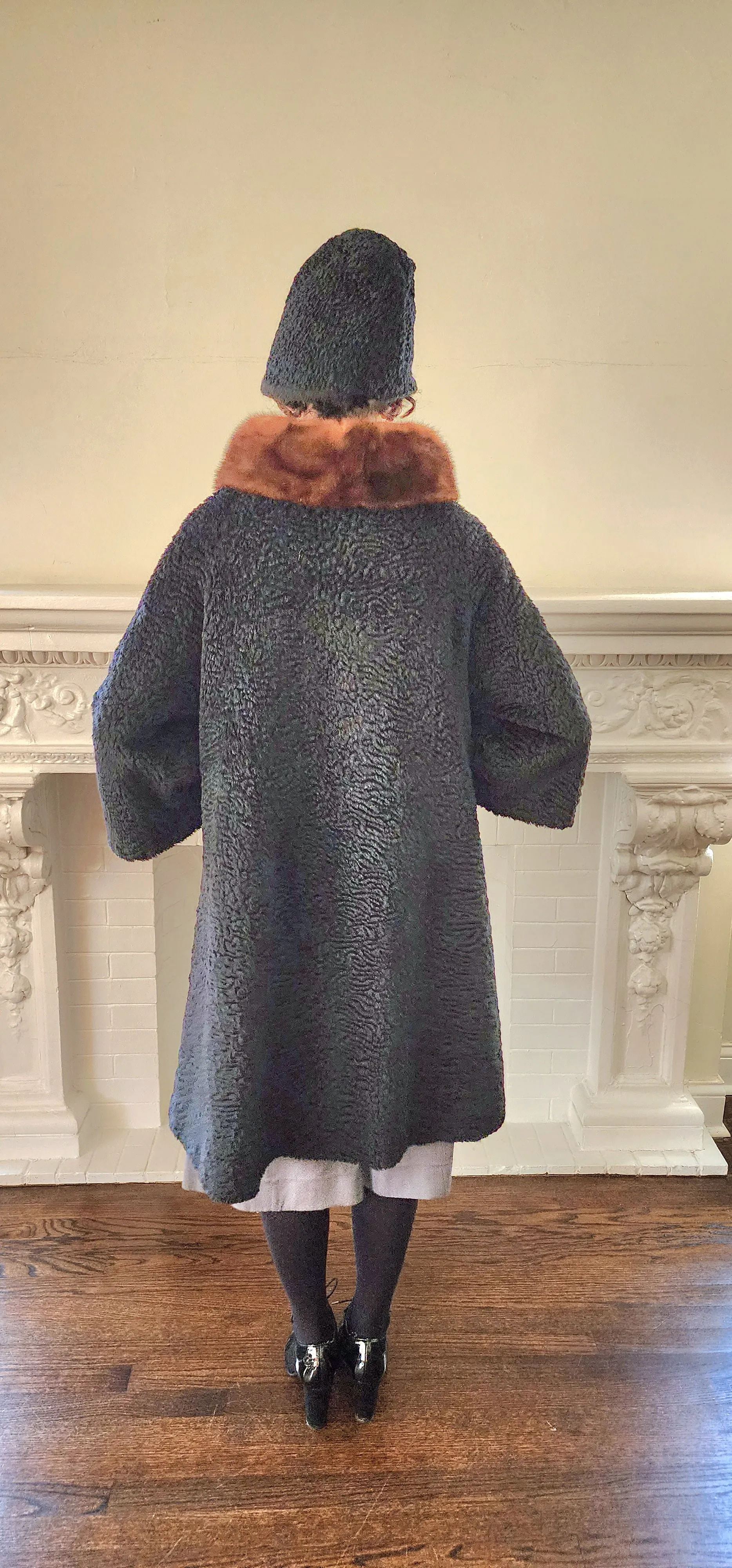 60s Black Coat in Faux Persian Curly Wool by Sai Shai & Brown Mink Collar Howard Lyon Inc