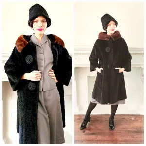 60s Black Coat in Faux Persian Curly Wool by Sai Shai & Brown Mink Collar Howard Lyon Inc