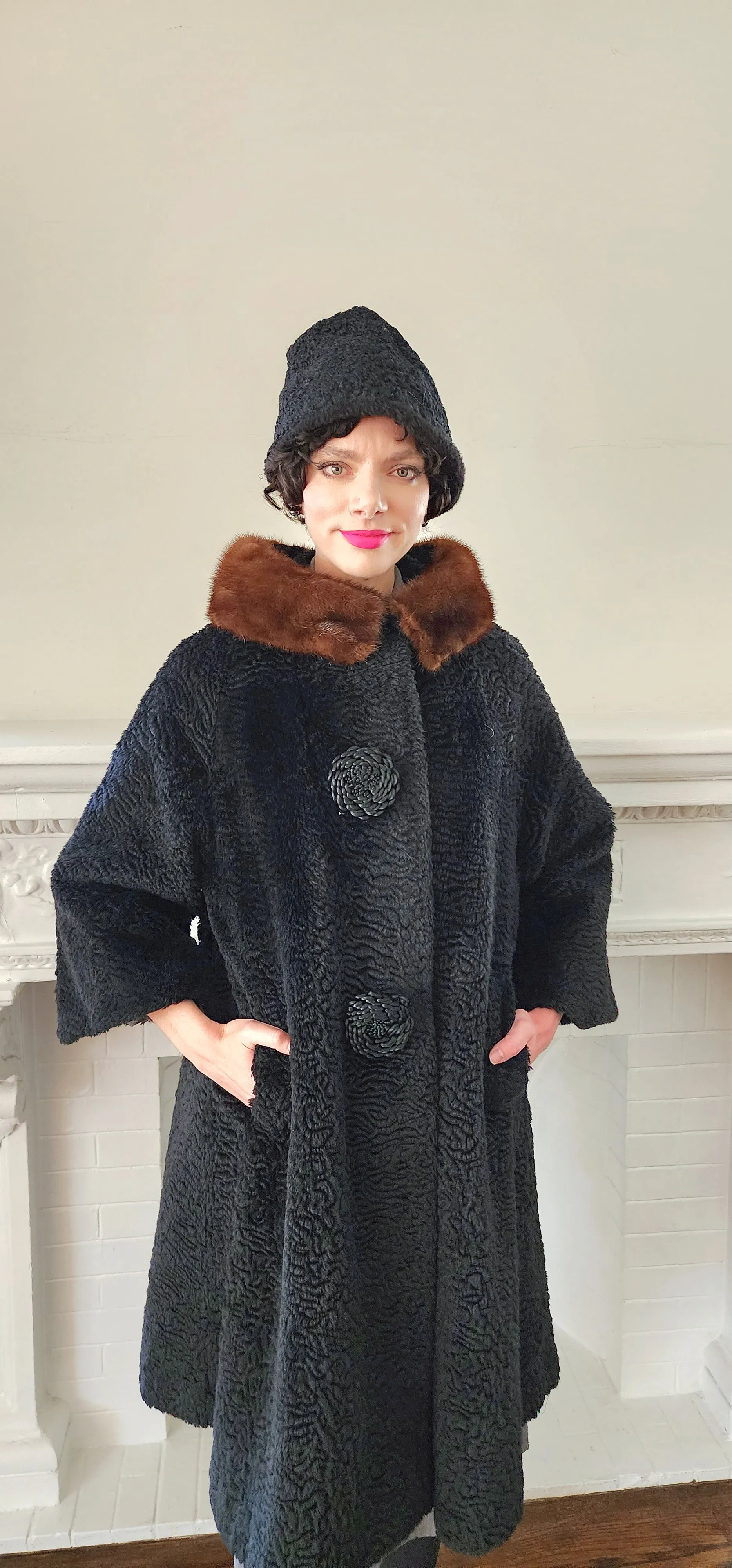 60s Black Coat in Faux Persian Curly Wool by Sai Shai & Brown Mink Collar Howard Lyon Inc