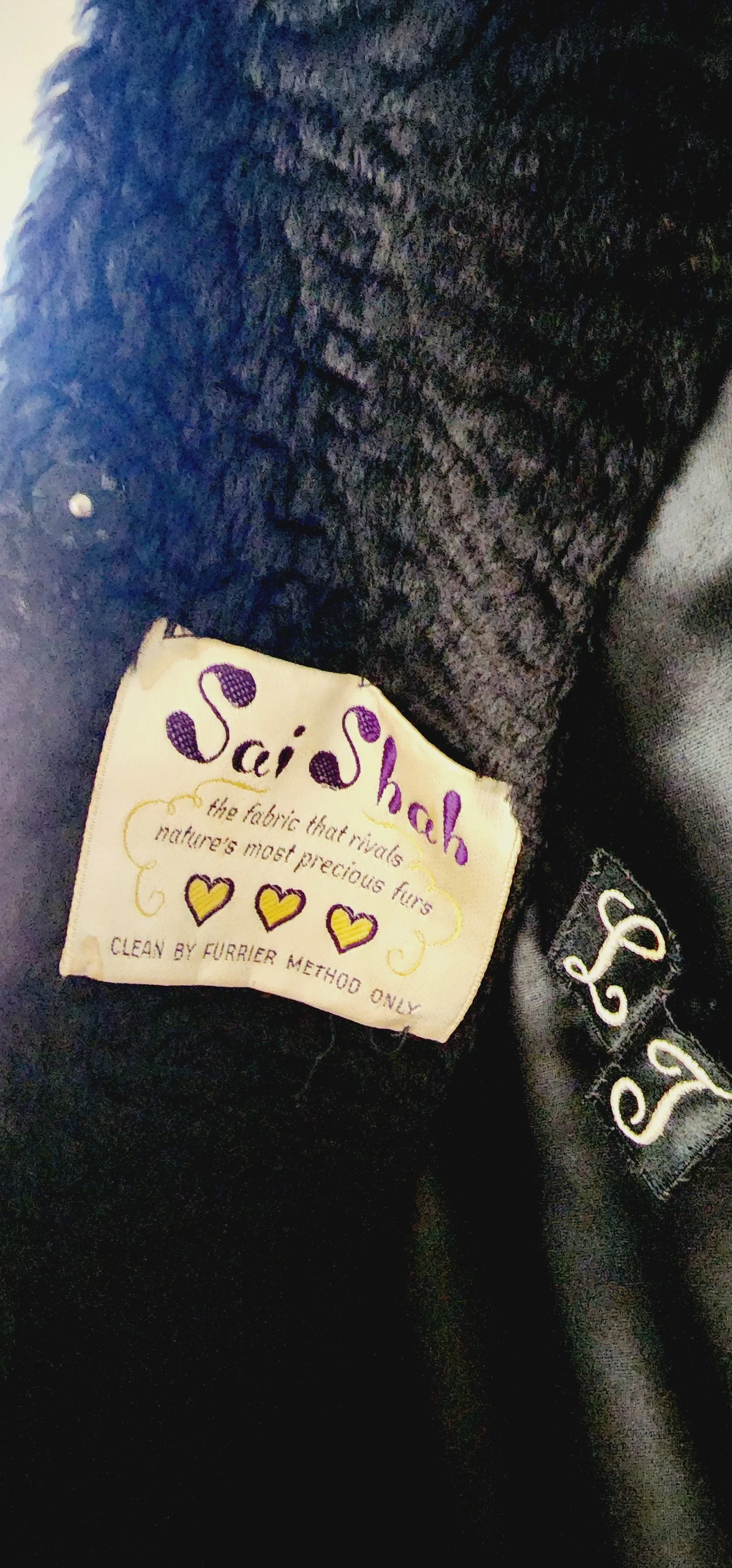 60s Black Coat in Faux Persian Curly Wool by Sai Shai & Brown Mink Collar Howard Lyon Inc