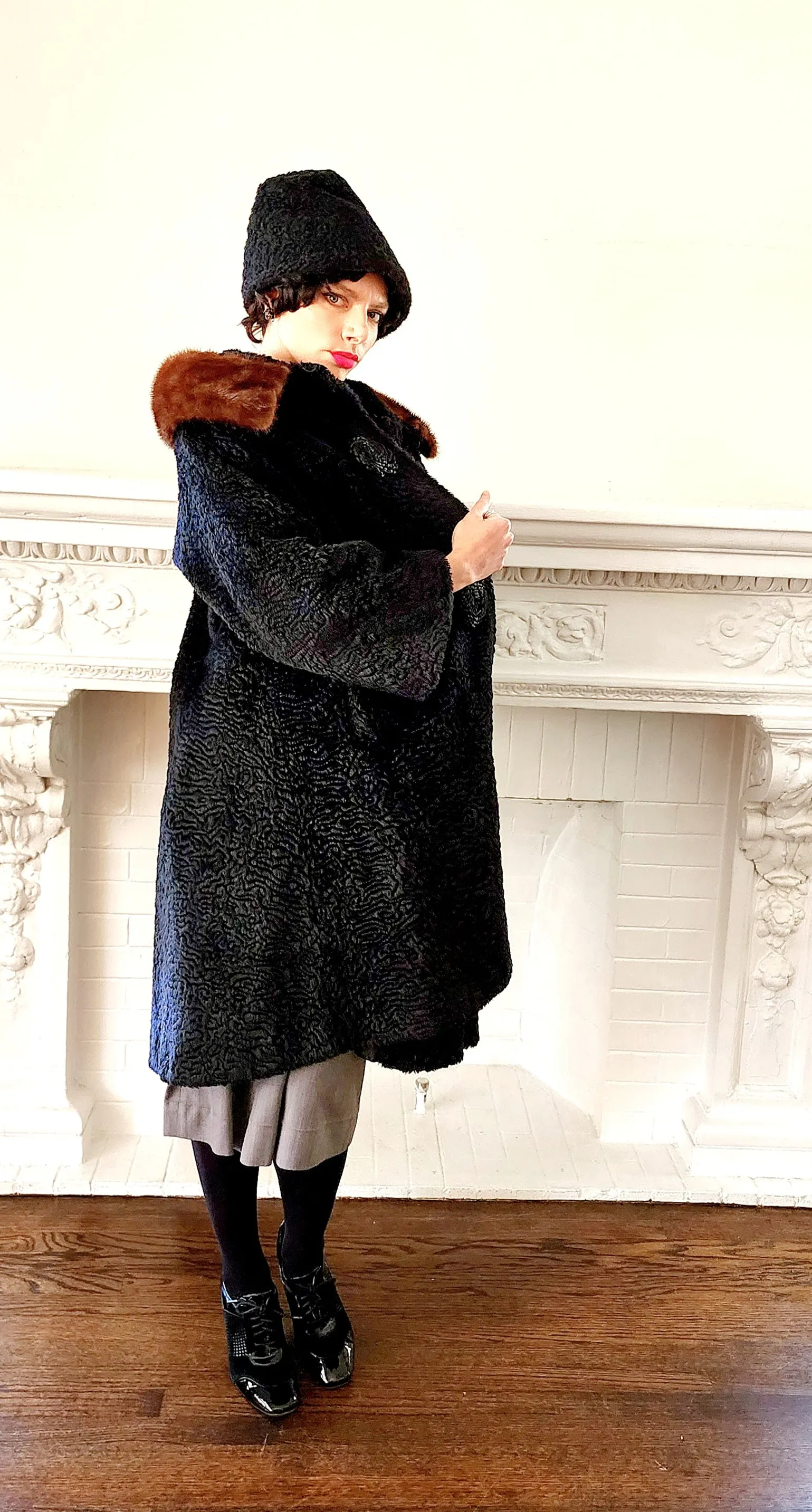 60s Black Coat in Faux Persian Curly Wool by Sai Shai & Brown Mink Collar Howard Lyon Inc