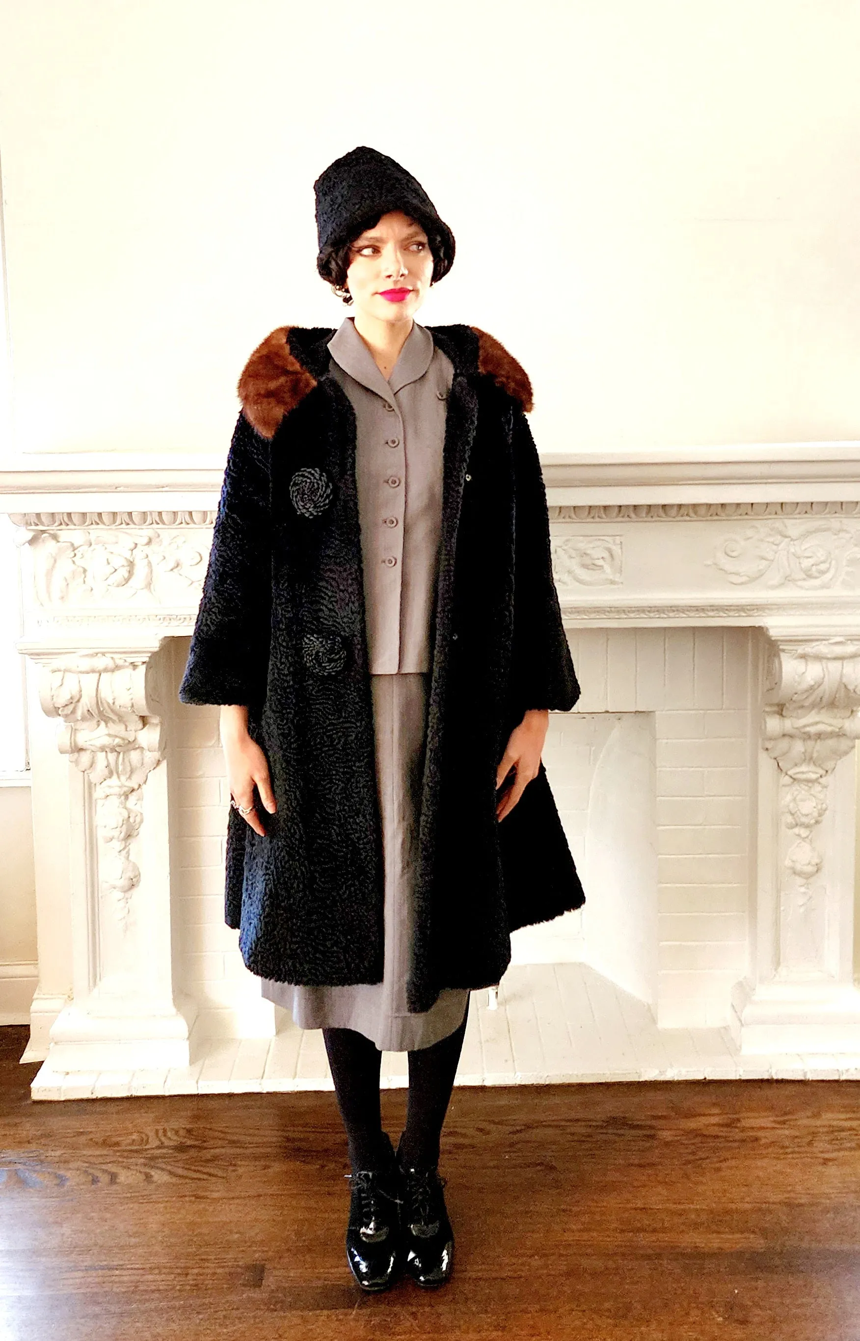 60s Black Coat in Faux Persian Curly Wool by Sai Shai & Brown Mink Collar Howard Lyon Inc