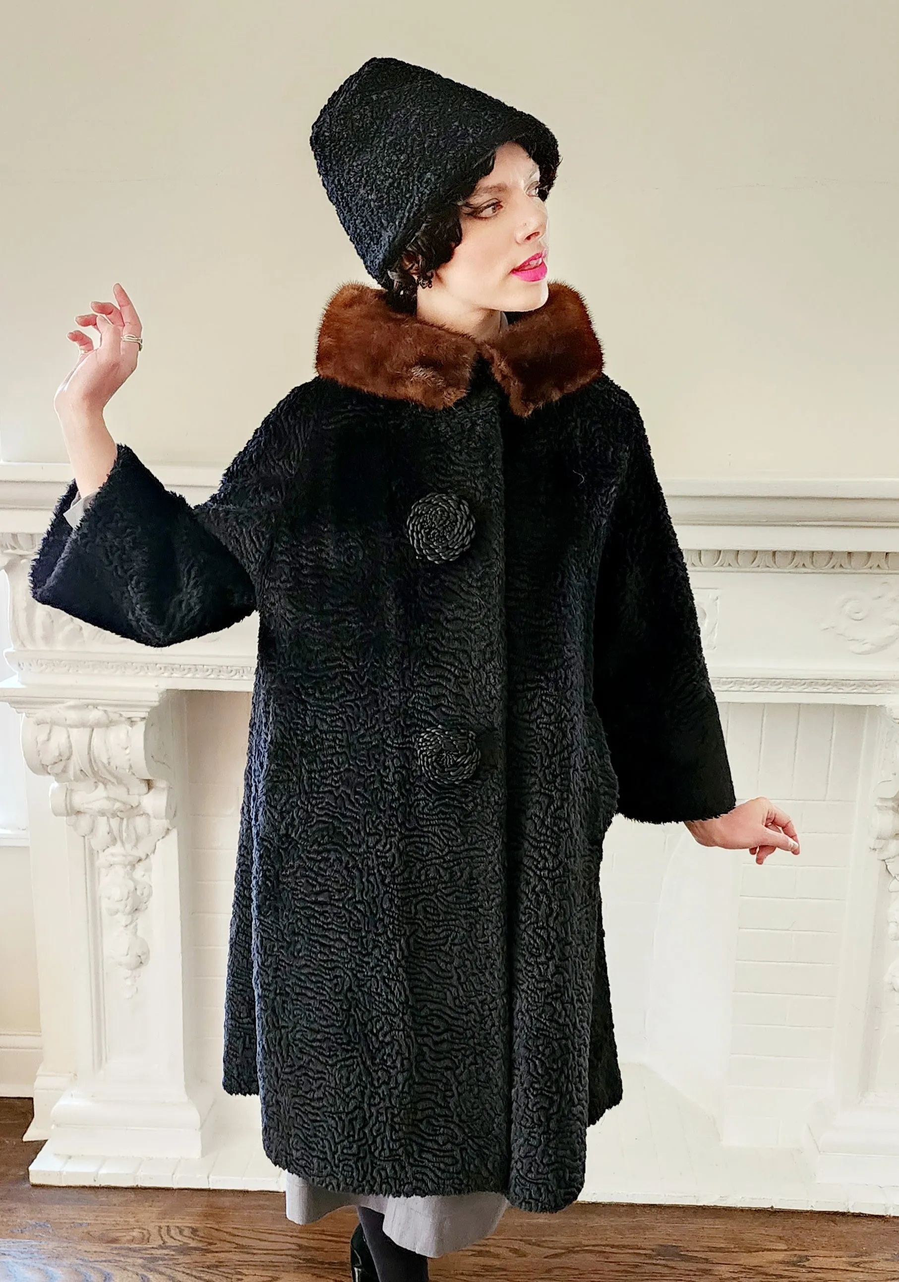 60s Black Coat in Faux Persian Curly Wool by Sai Shai & Brown Mink Collar Howard Lyon Inc