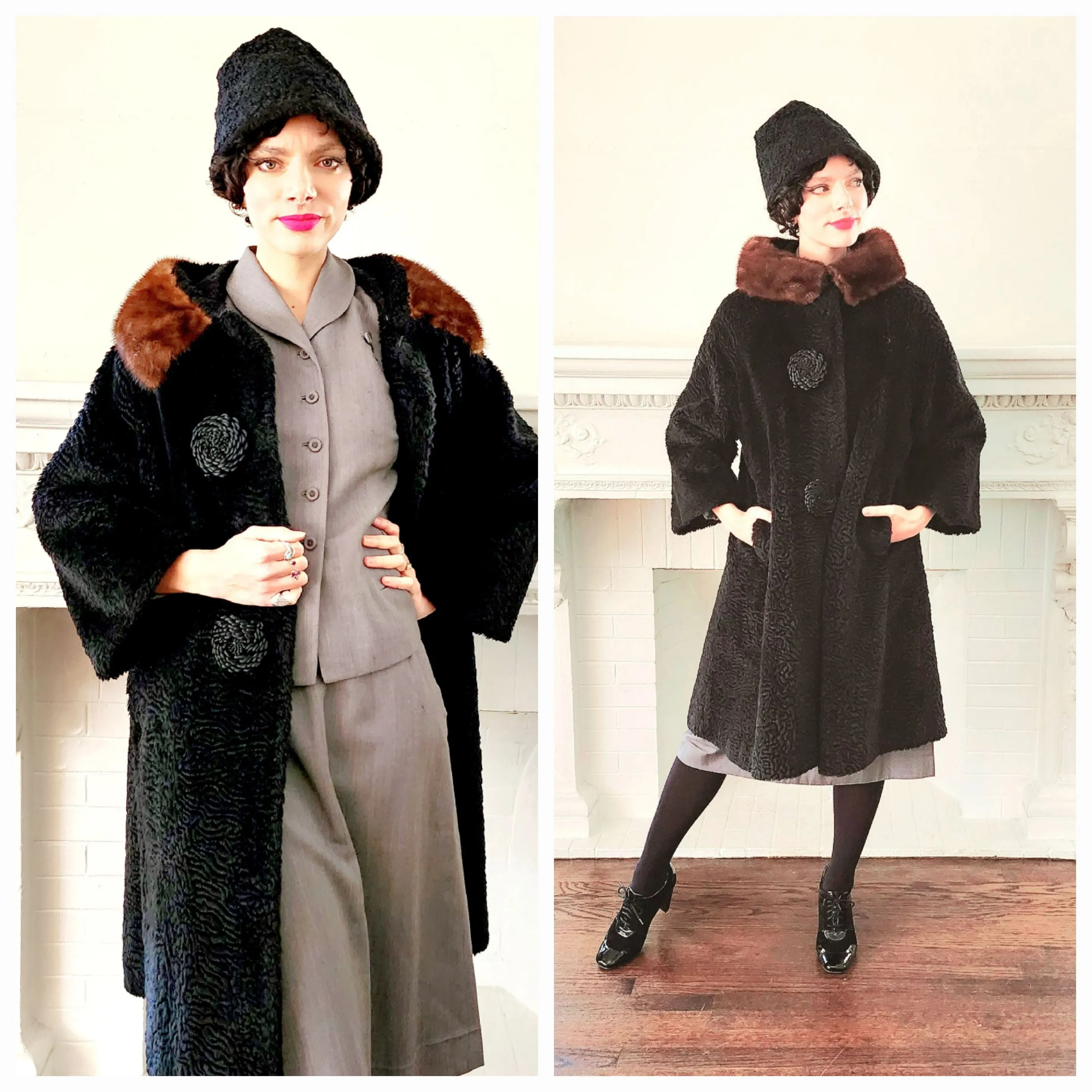 60s Black Coat in Faux Persian Curly Wool by Sai Shai & Brown Mink Collar Howard Lyon Inc