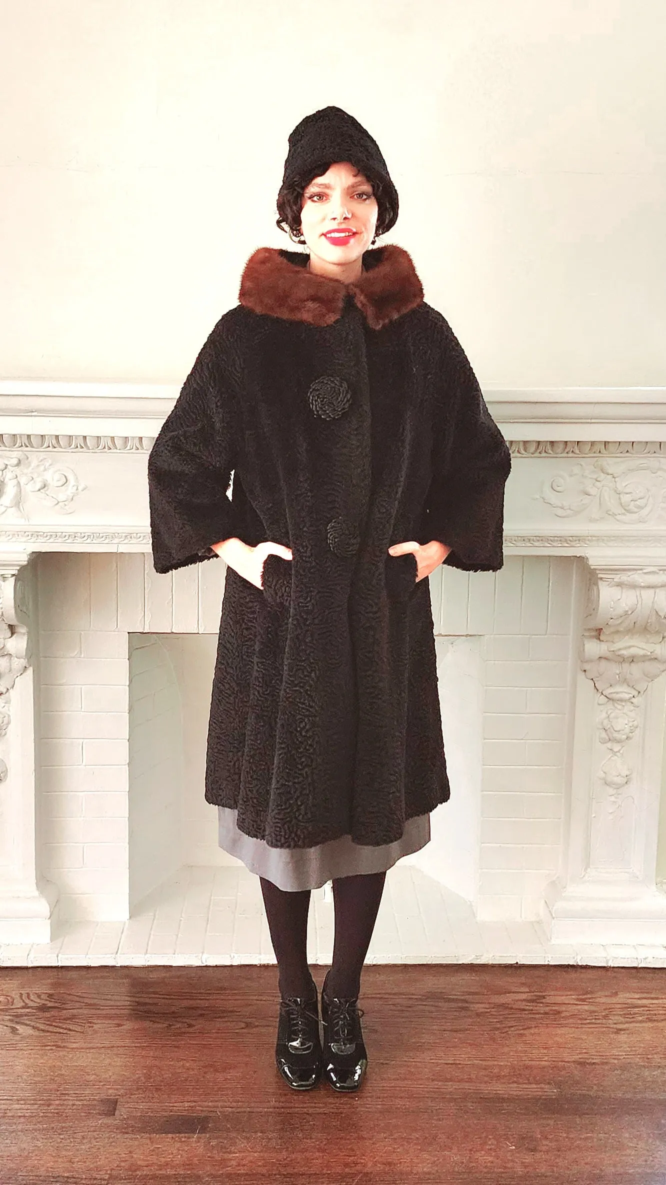 60s Black Coat in Faux Persian Curly Wool by Sai Shai & Brown Mink Collar Howard Lyon Inc