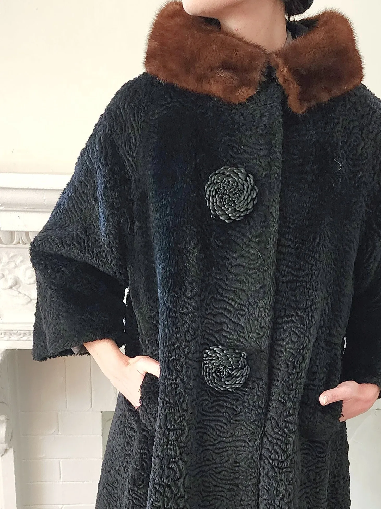 60s Black Coat in Faux Persian Curly Wool by Sai Shai & Brown Mink Collar Howard Lyon Inc