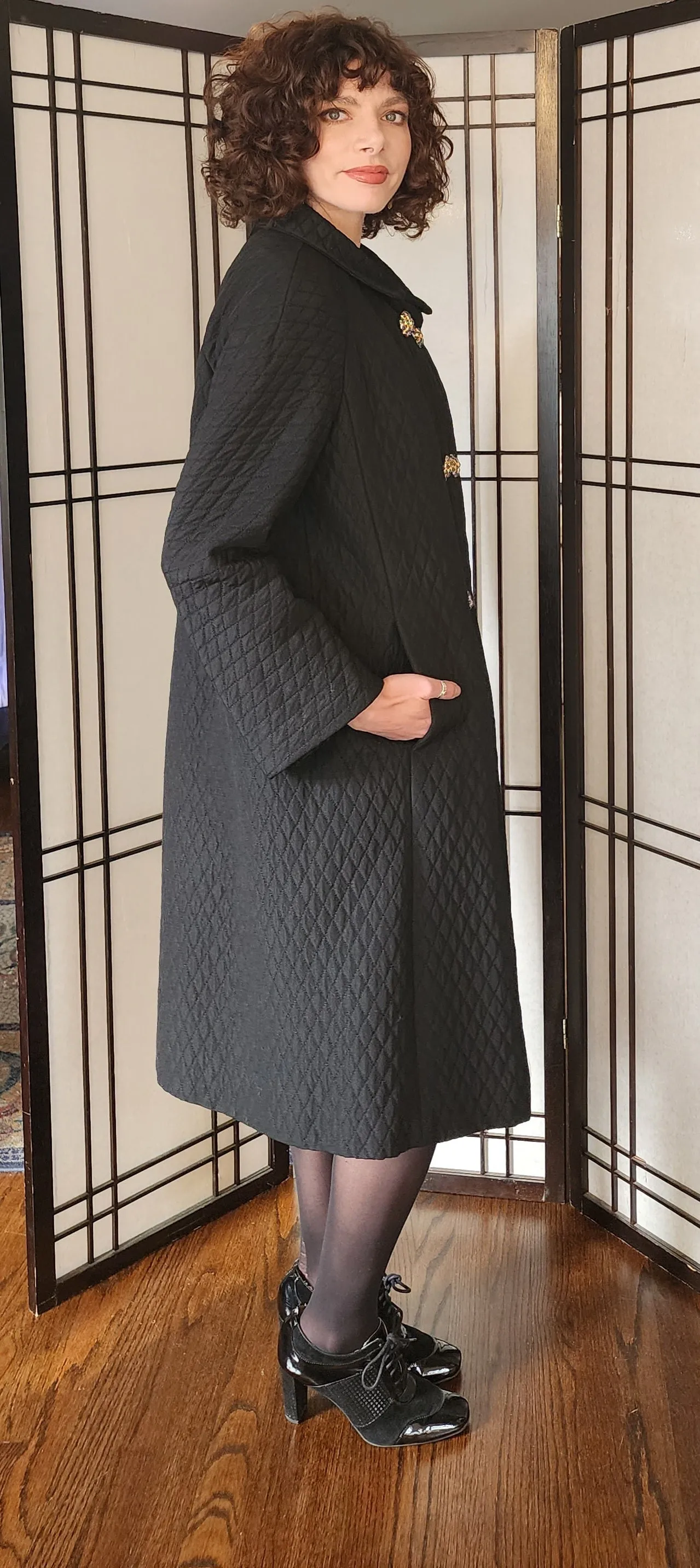 60s Black Coat Quilted w/Blue Rhinestone Buttons Bohan Landorf
