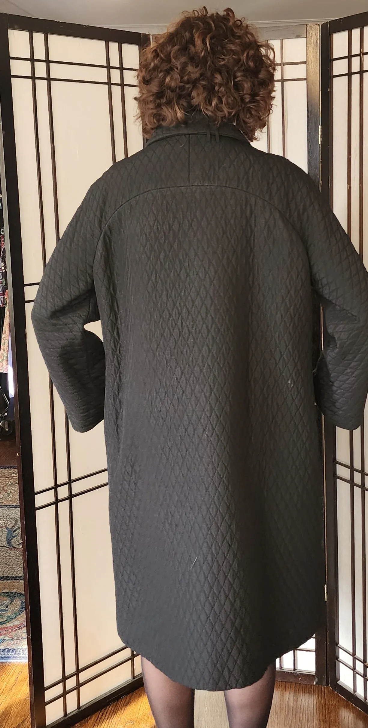 60s Black Coat Quilted w/Blue Rhinestone Buttons Bohan Landorf