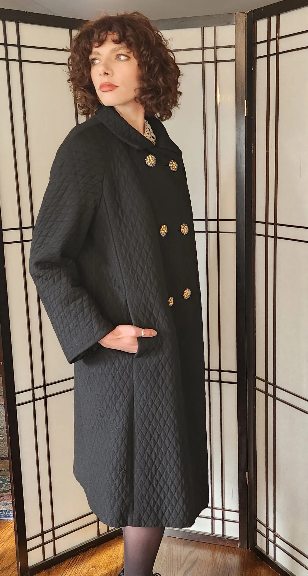 60s Black Coat Quilted w/Blue Rhinestone Buttons Bohan Landorf