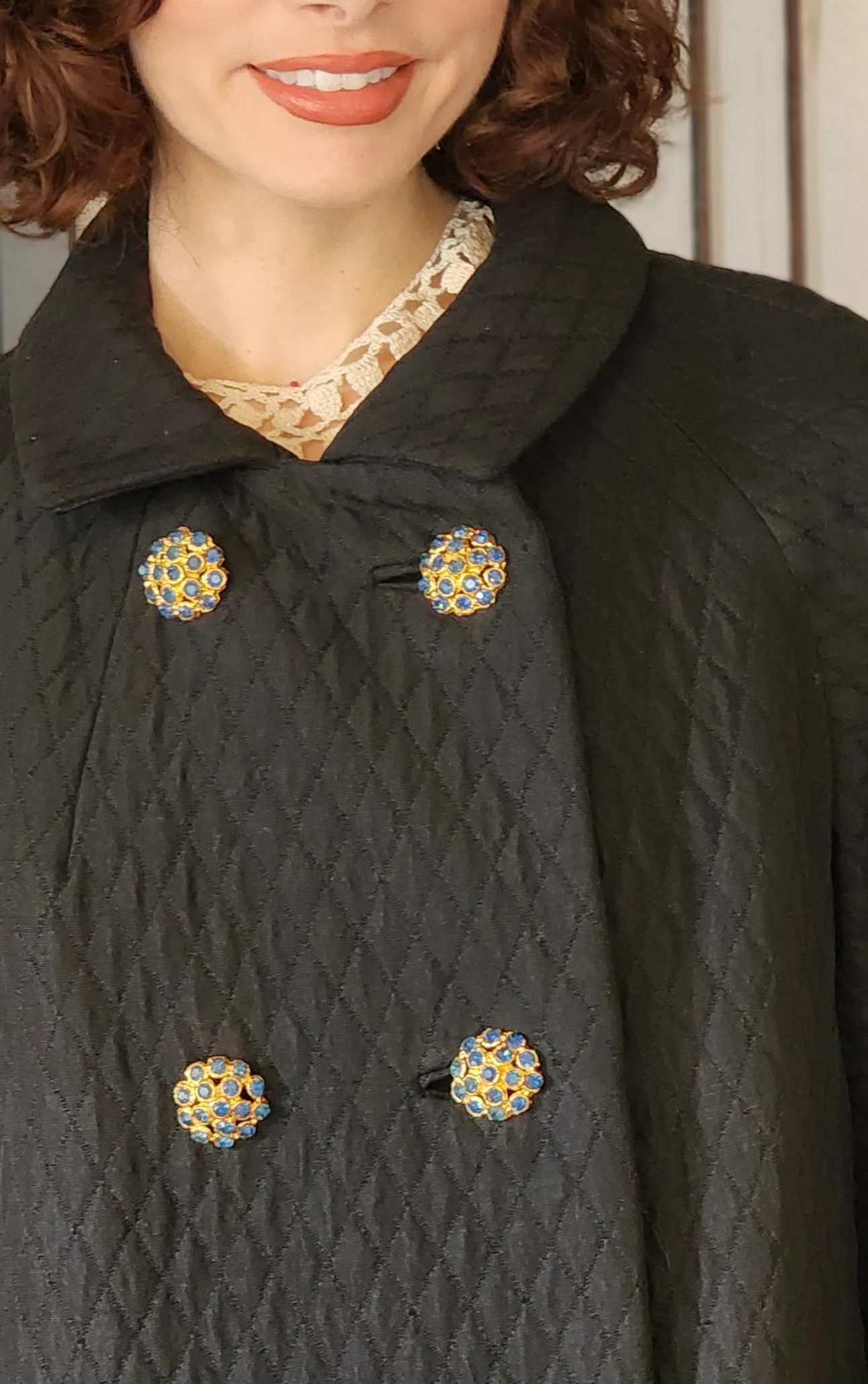 60s Black Coat Quilted w/Blue Rhinestone Buttons Bohan Landorf