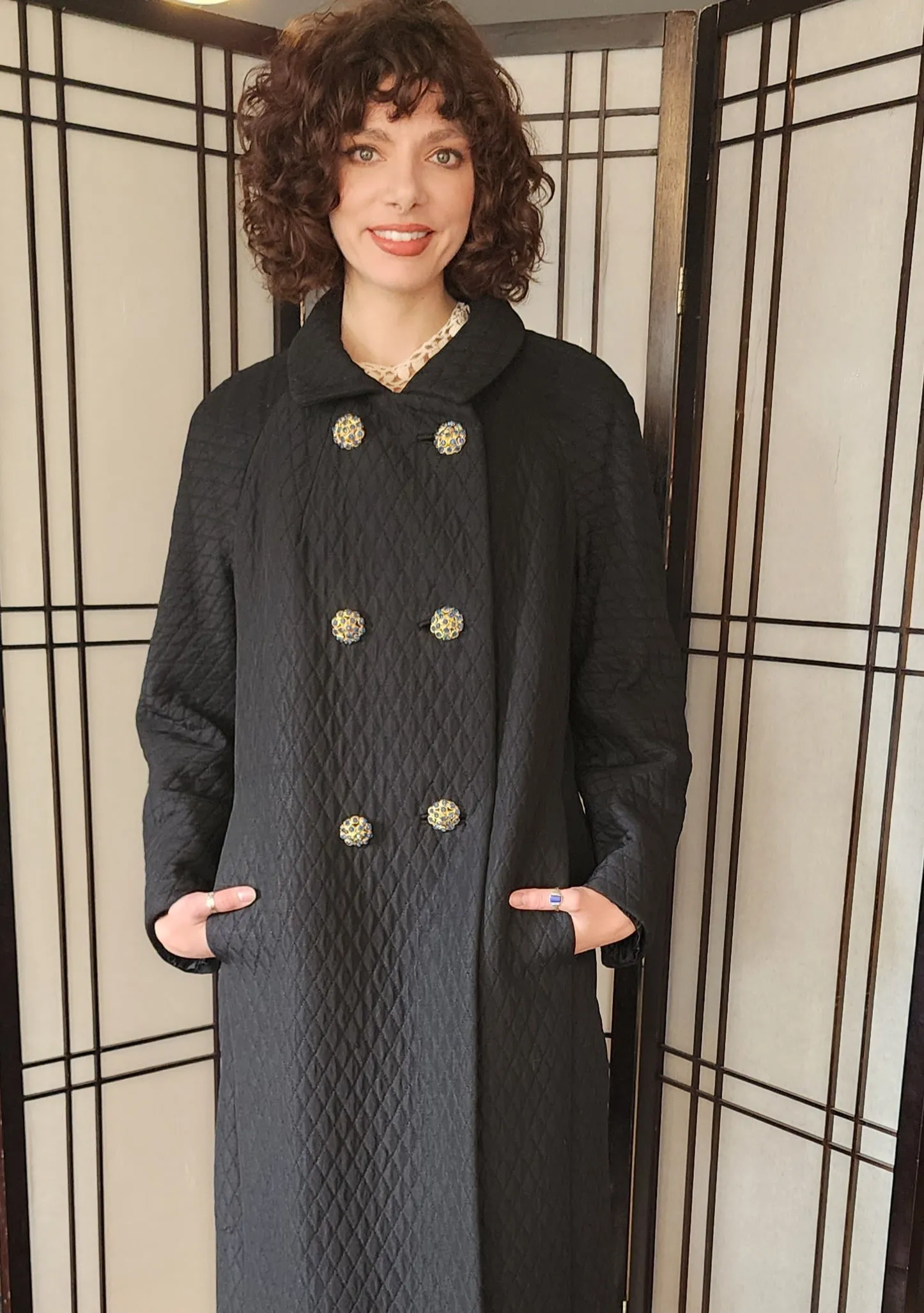 60s Black Coat Quilted w/Blue Rhinestone Buttons Bohan Landorf