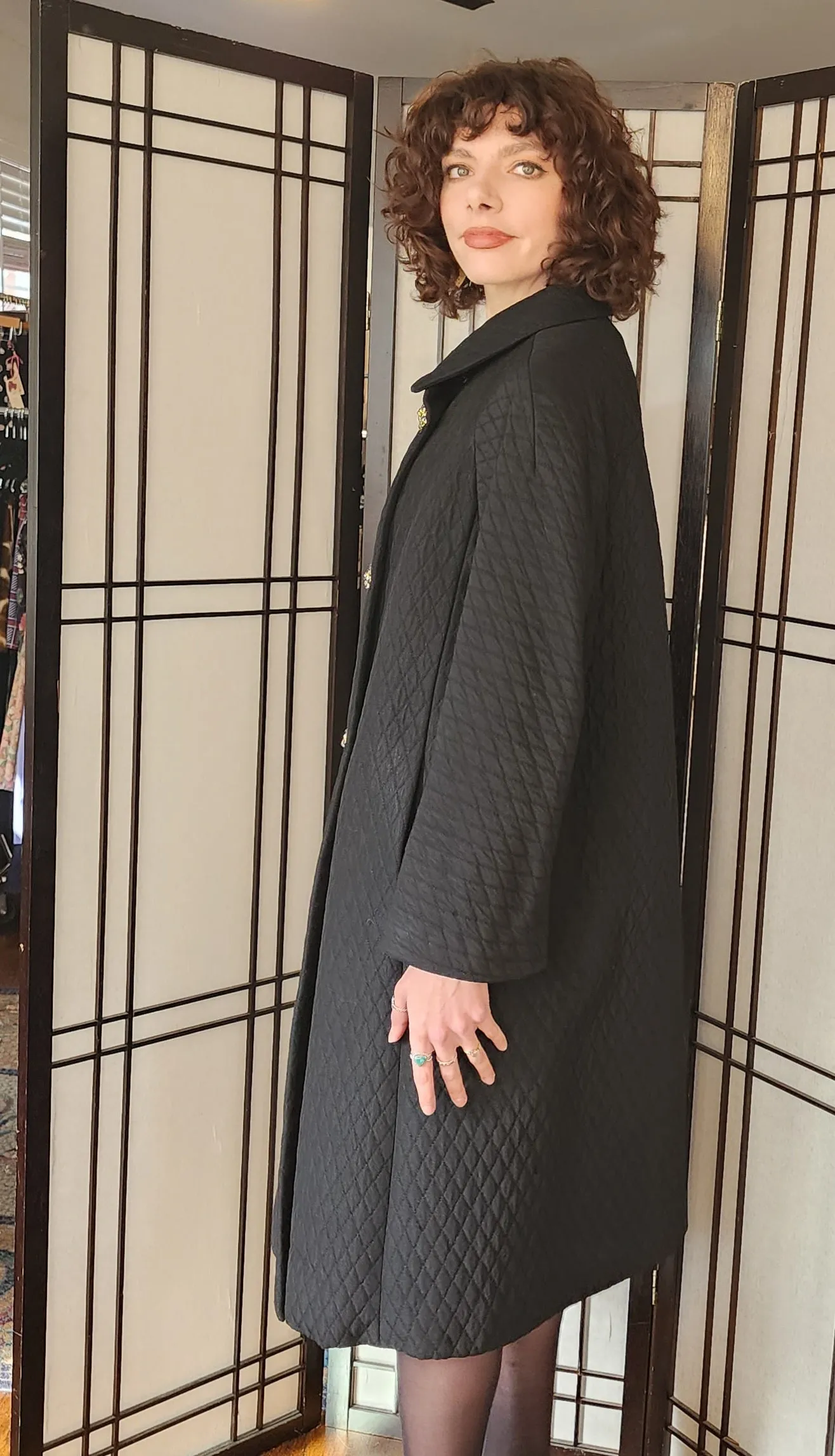 60s Black Coat Quilted w/Blue Rhinestone Buttons Bohan Landorf