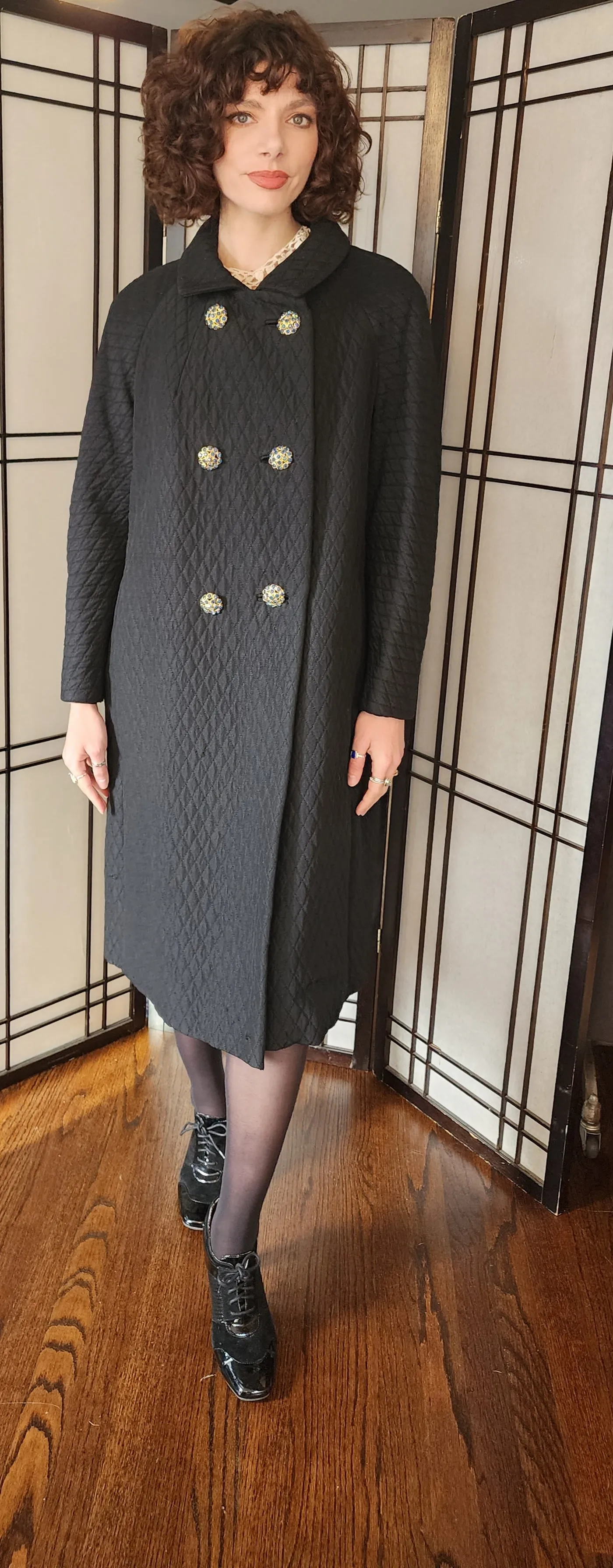 60s Black Coat Quilted w/Blue Rhinestone Buttons Bohan Landorf
