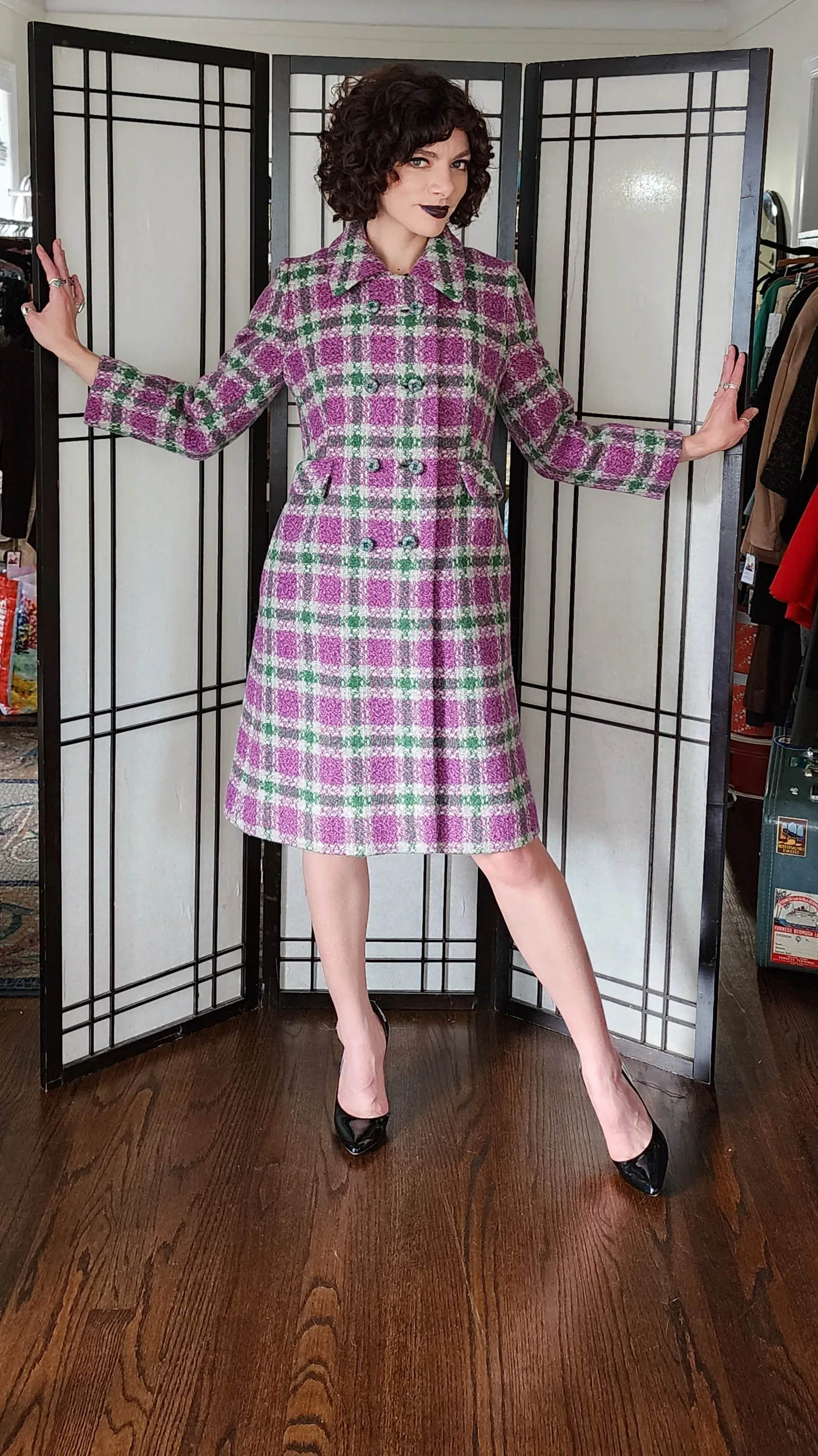 60s Purple Green Plaid Wool Coat Shagmore