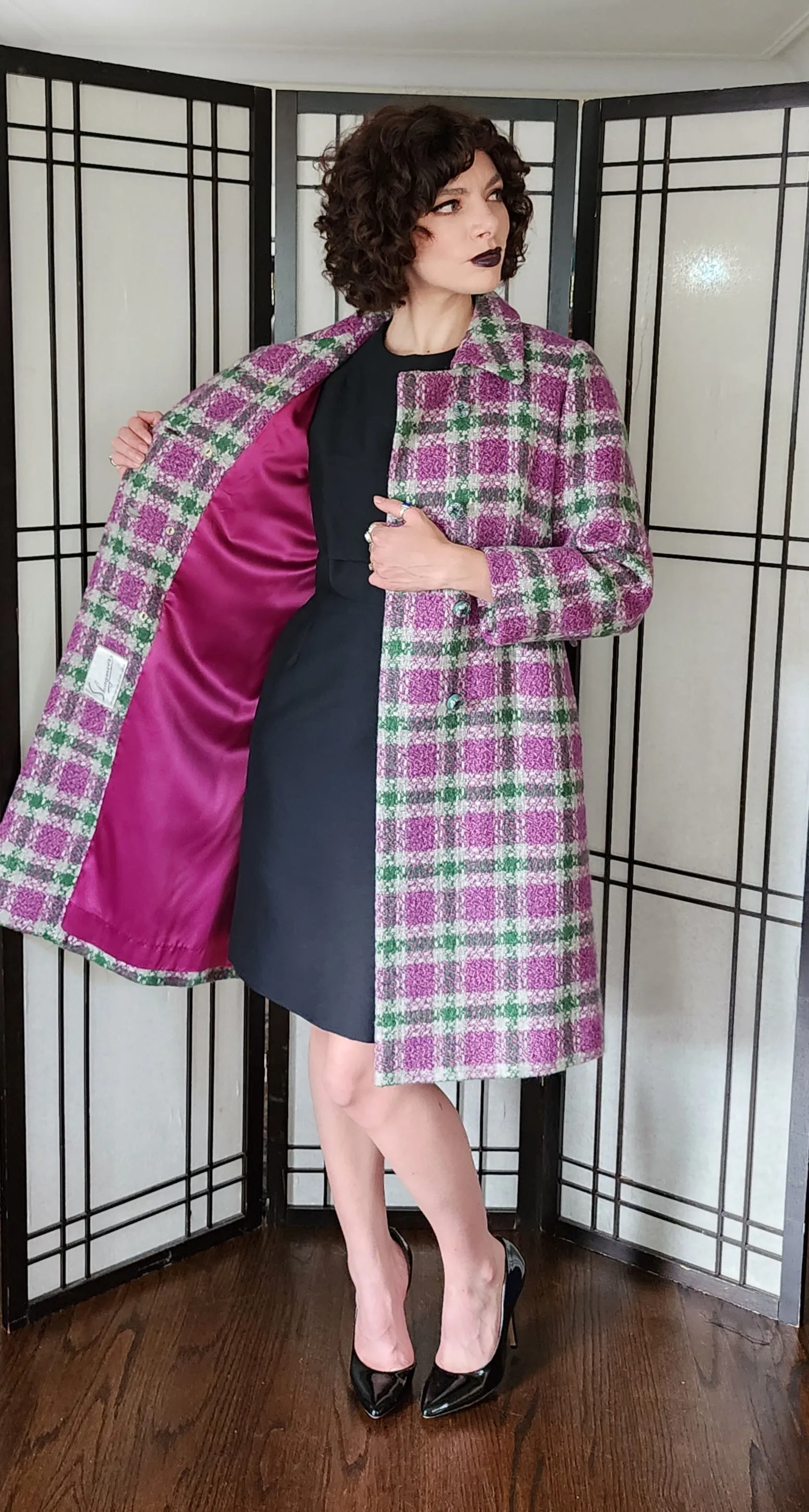 60s Purple Green Plaid Wool Coat Shagmore