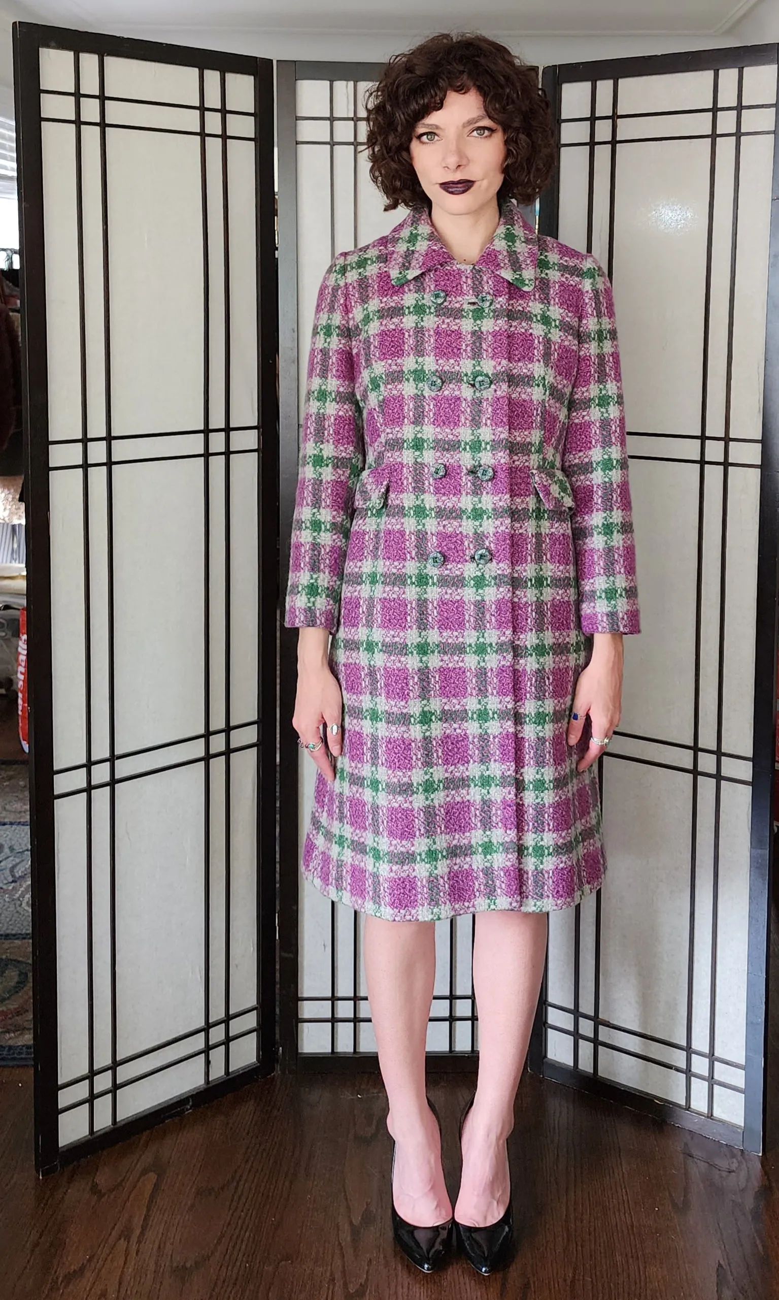 60s Purple Green Plaid Wool Coat Shagmore