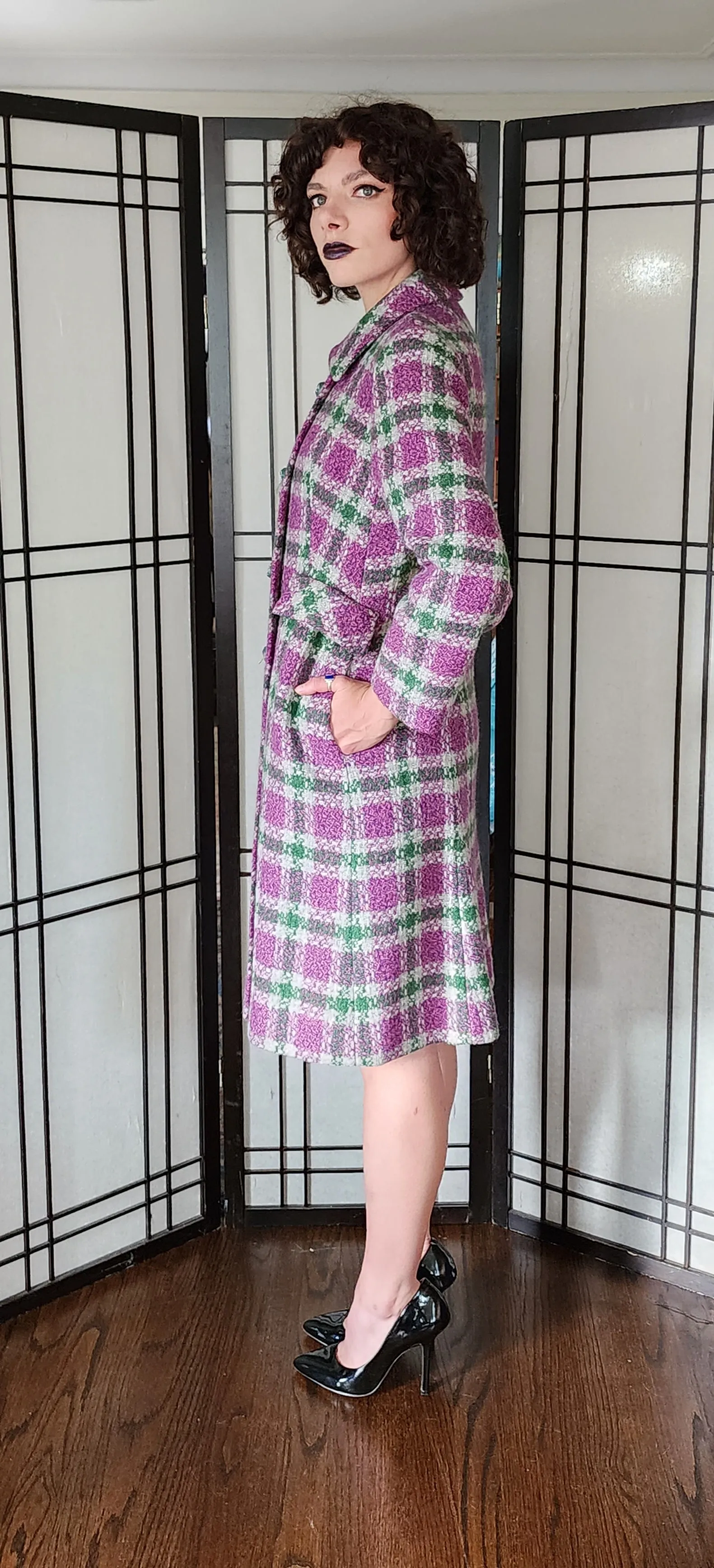 60s Purple Green Plaid Wool Coat Shagmore