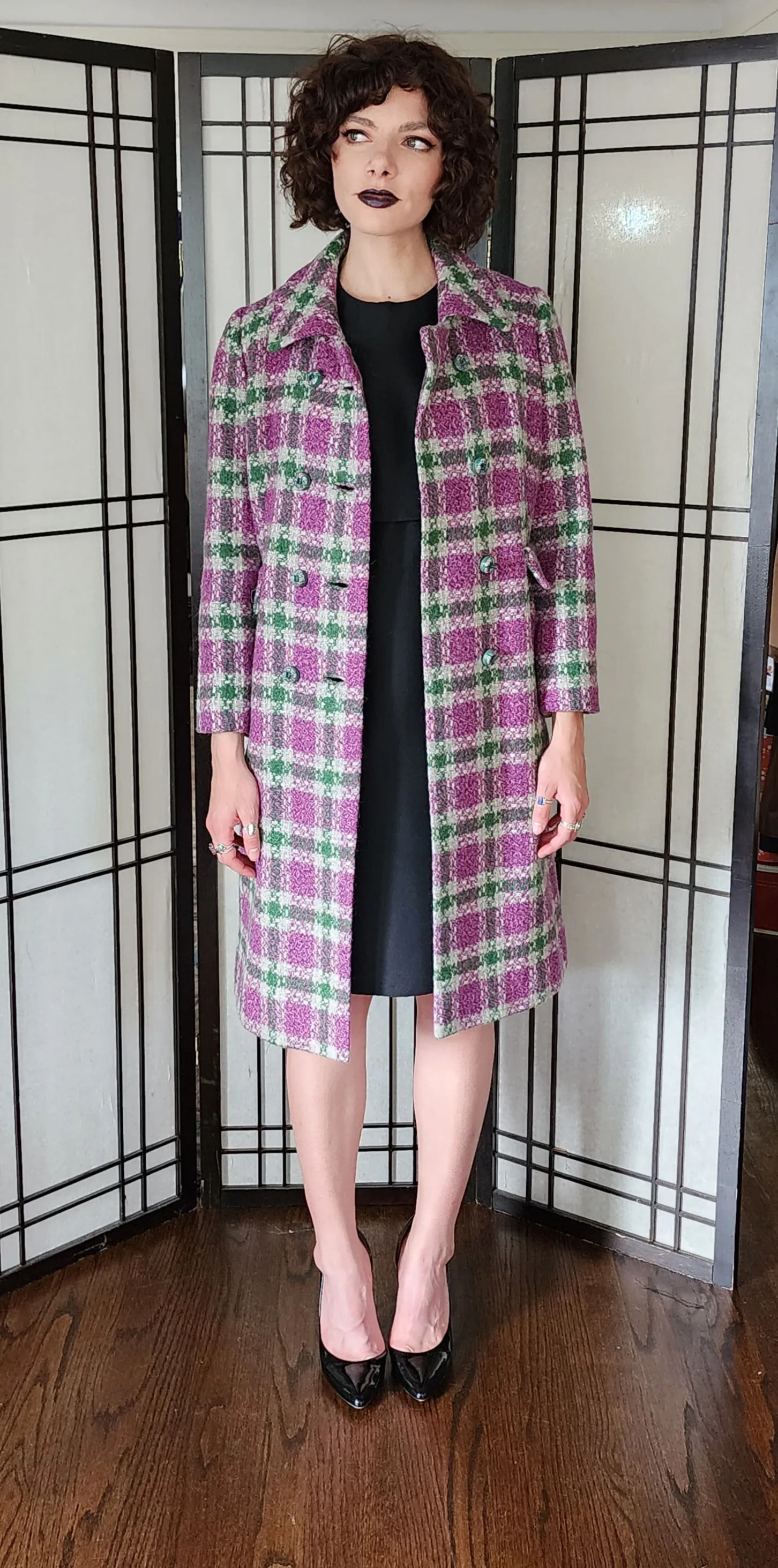 60s Purple Green Plaid Wool Coat Shagmore