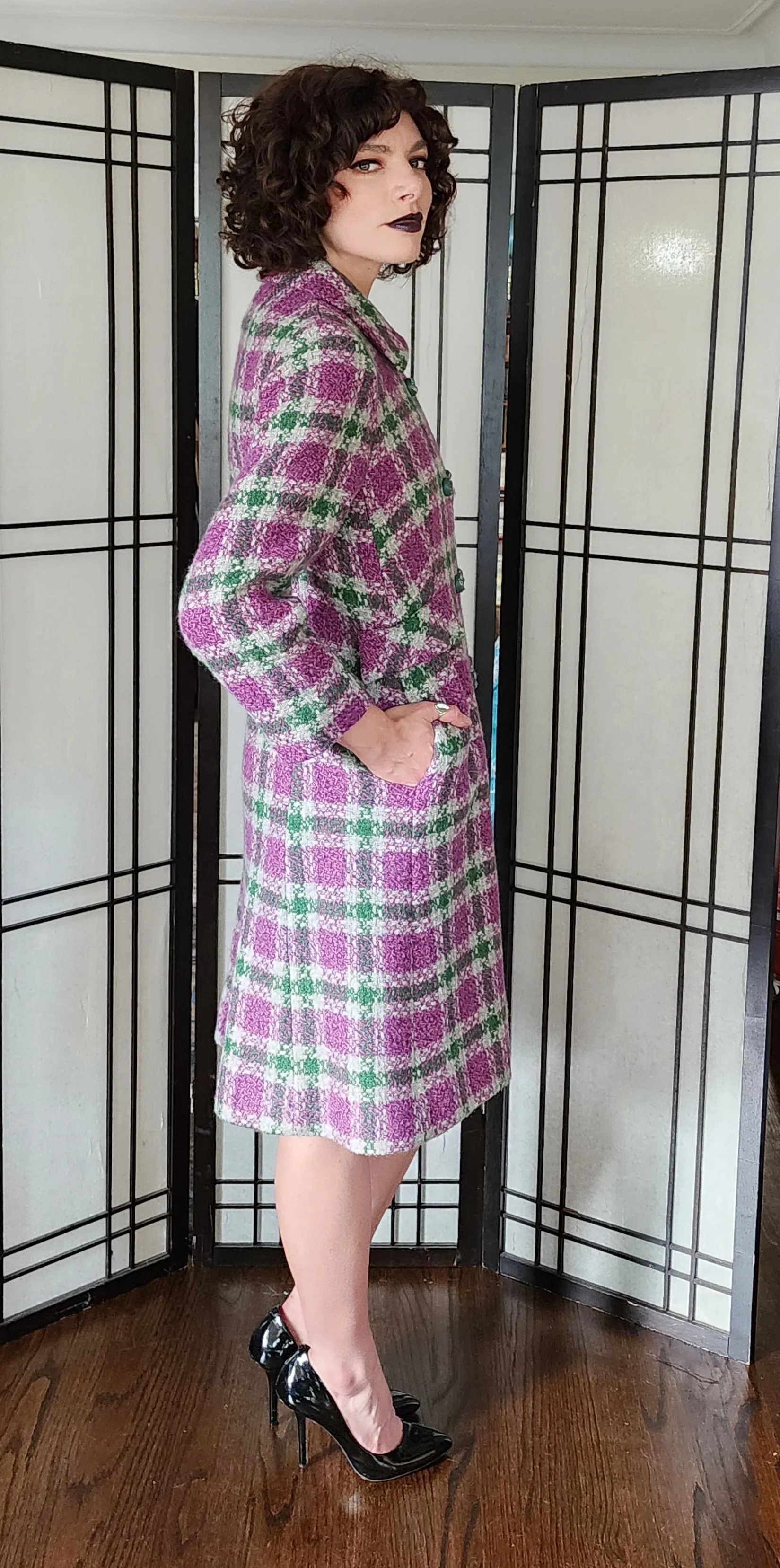 60s Purple Green Plaid Wool Coat Shagmore
