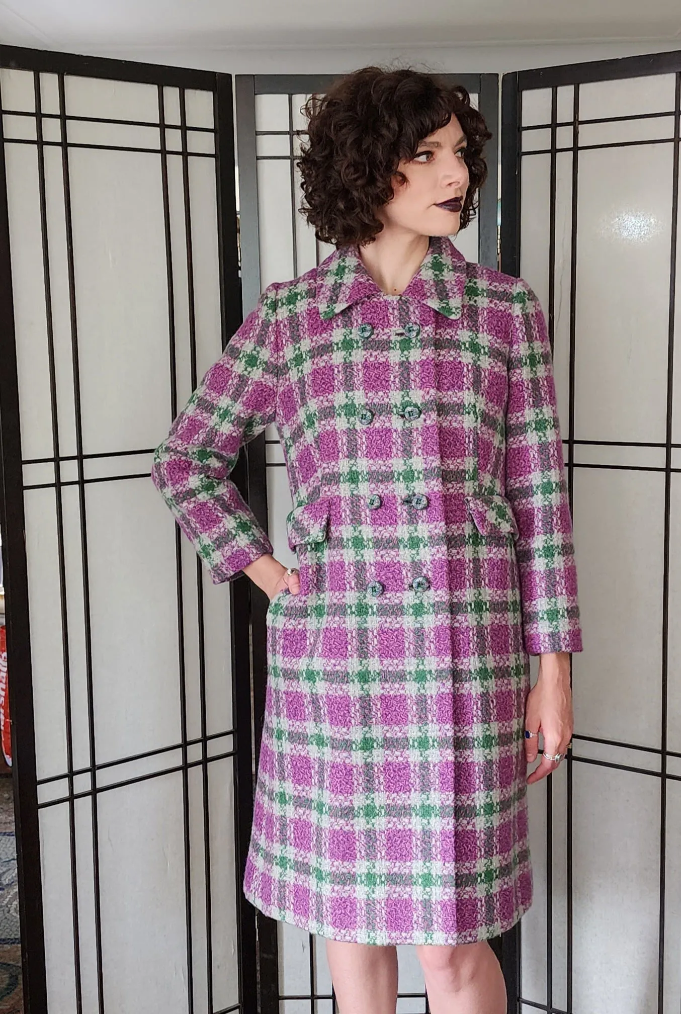 60s Purple Green Plaid Wool Coat Shagmore