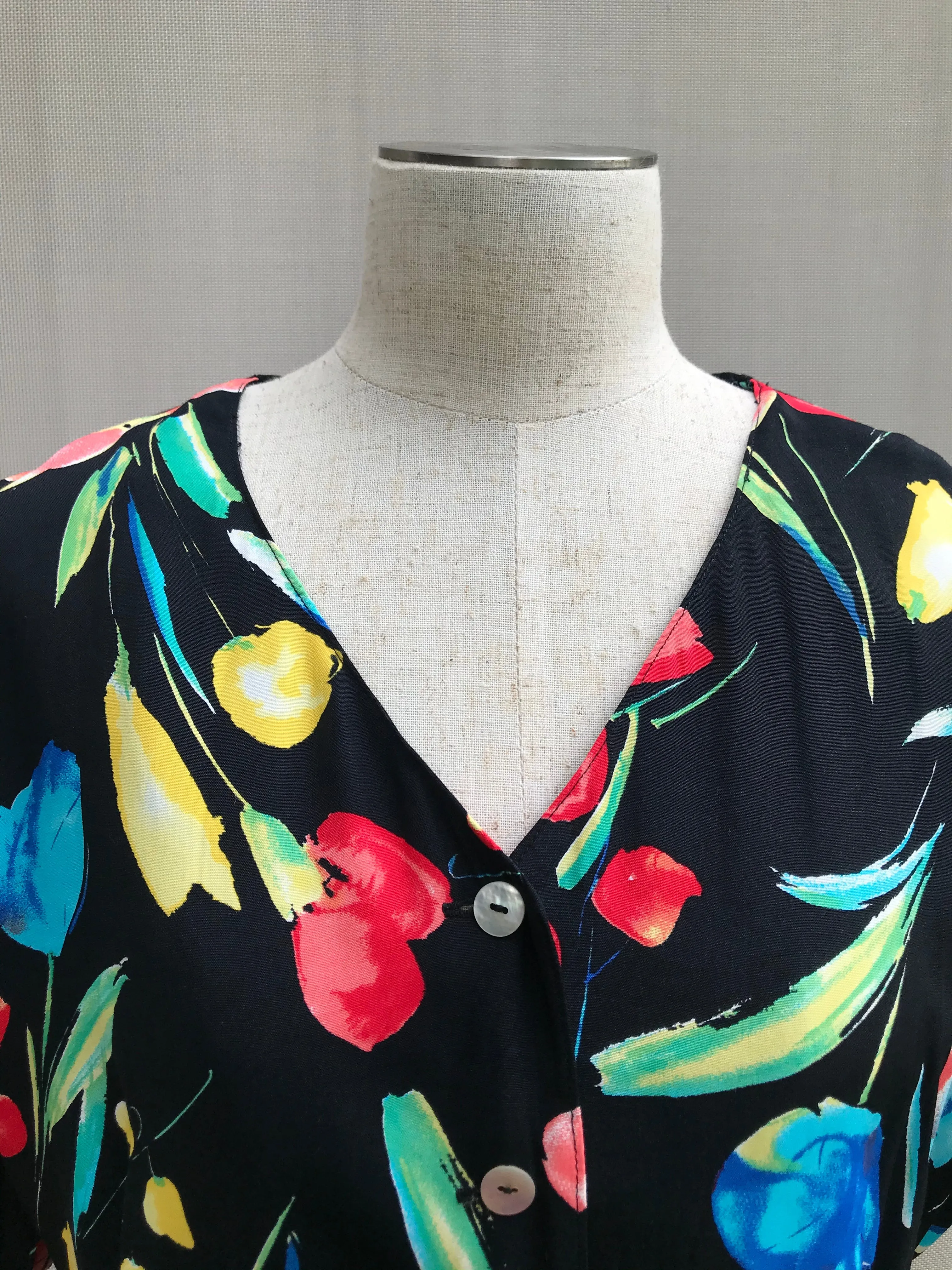 80s Black Floral Tea Dress