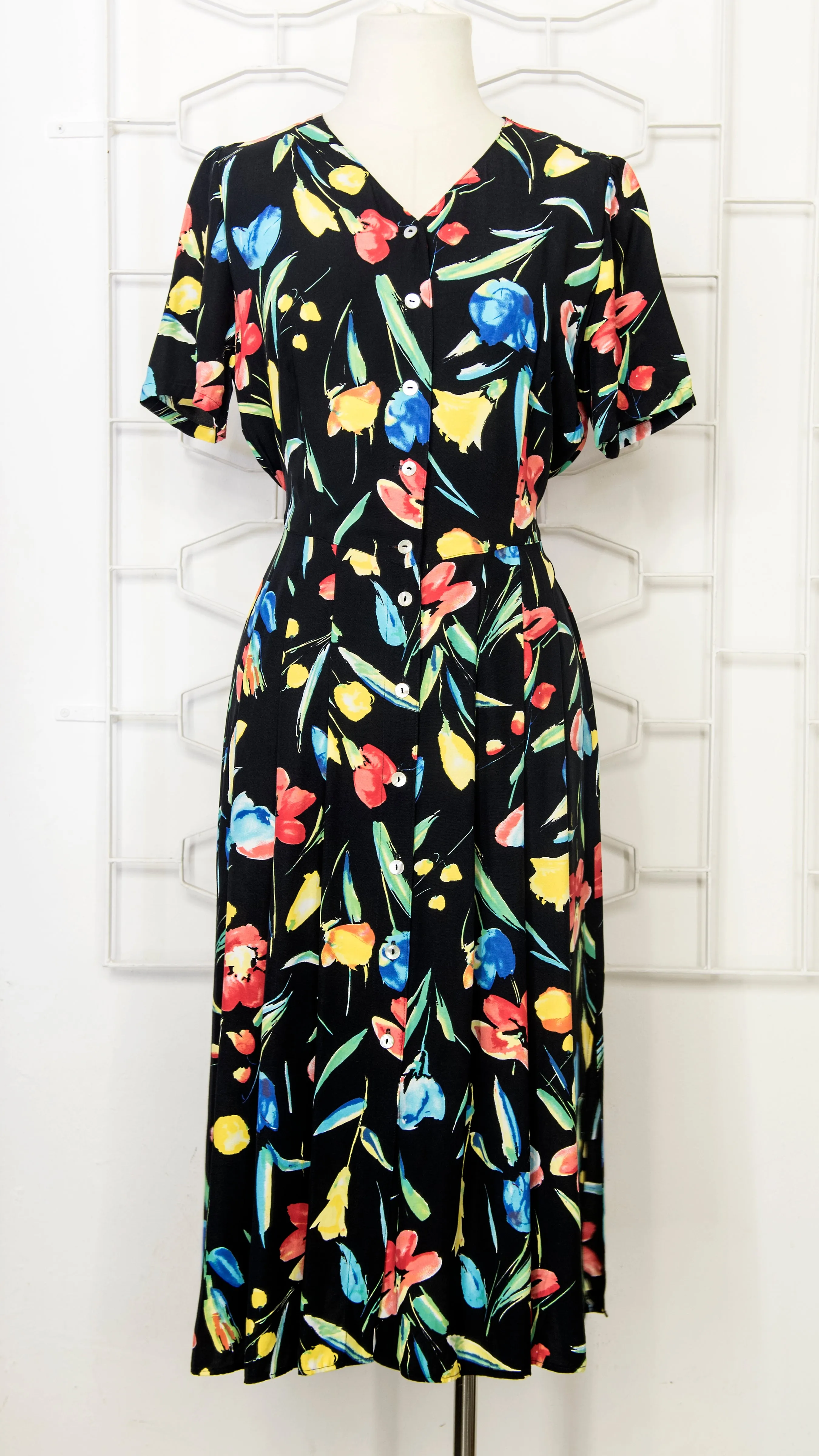 80s Black Floral Tea Dress