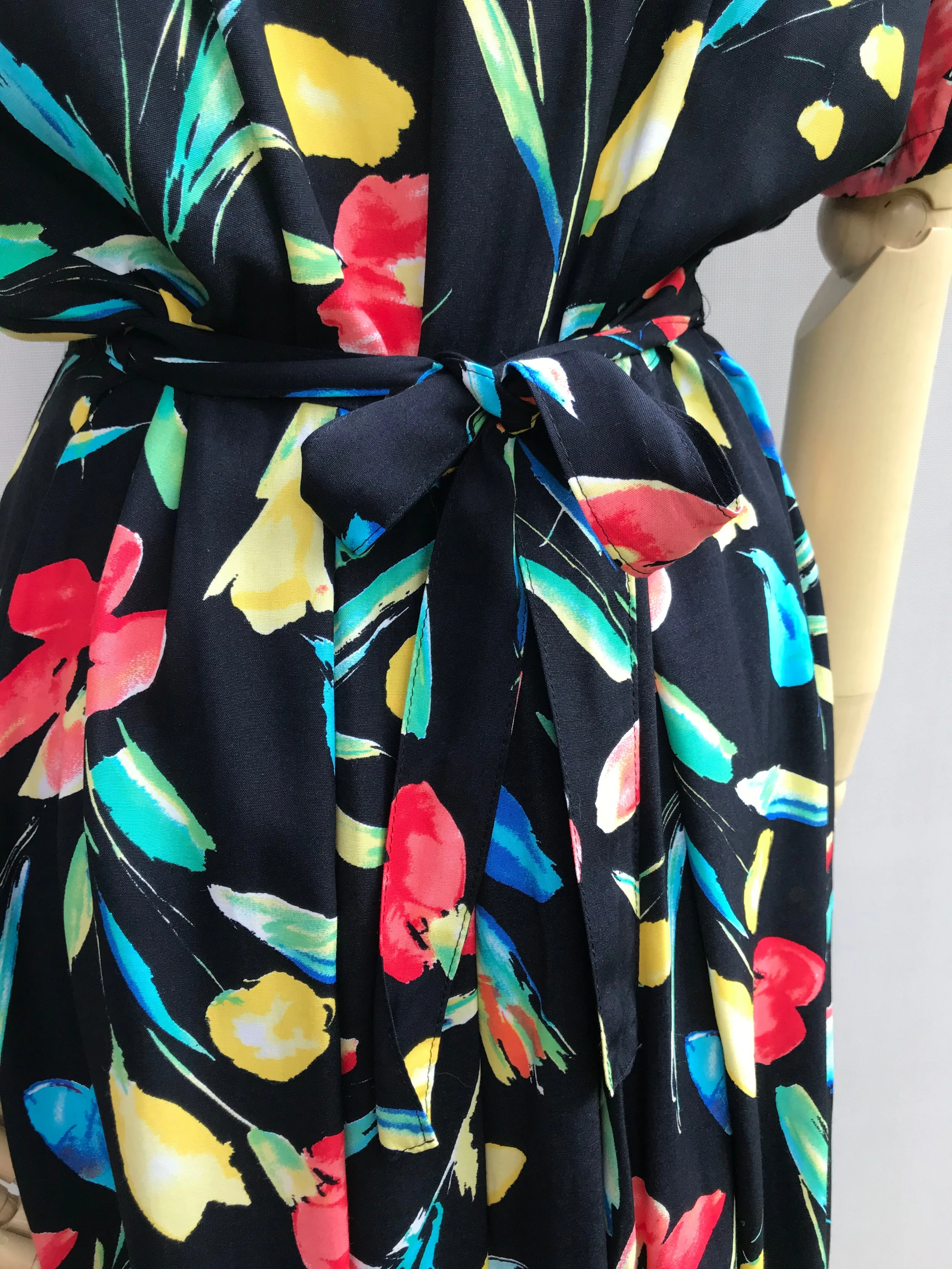 80s Black Floral Tea Dress