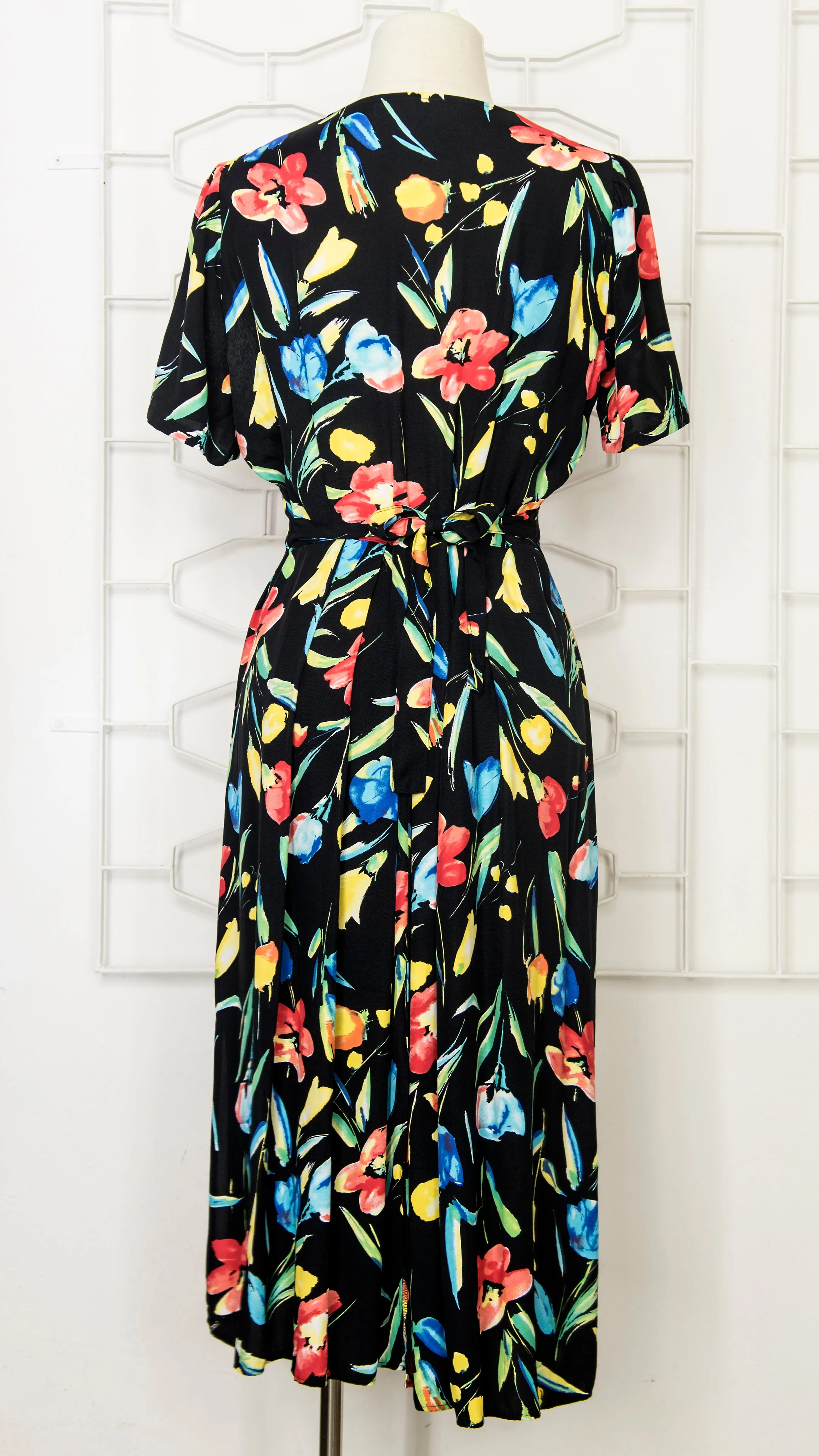 80s Black Floral Tea Dress