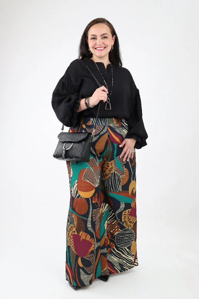Abstract Print Wide Leg Pants - Black