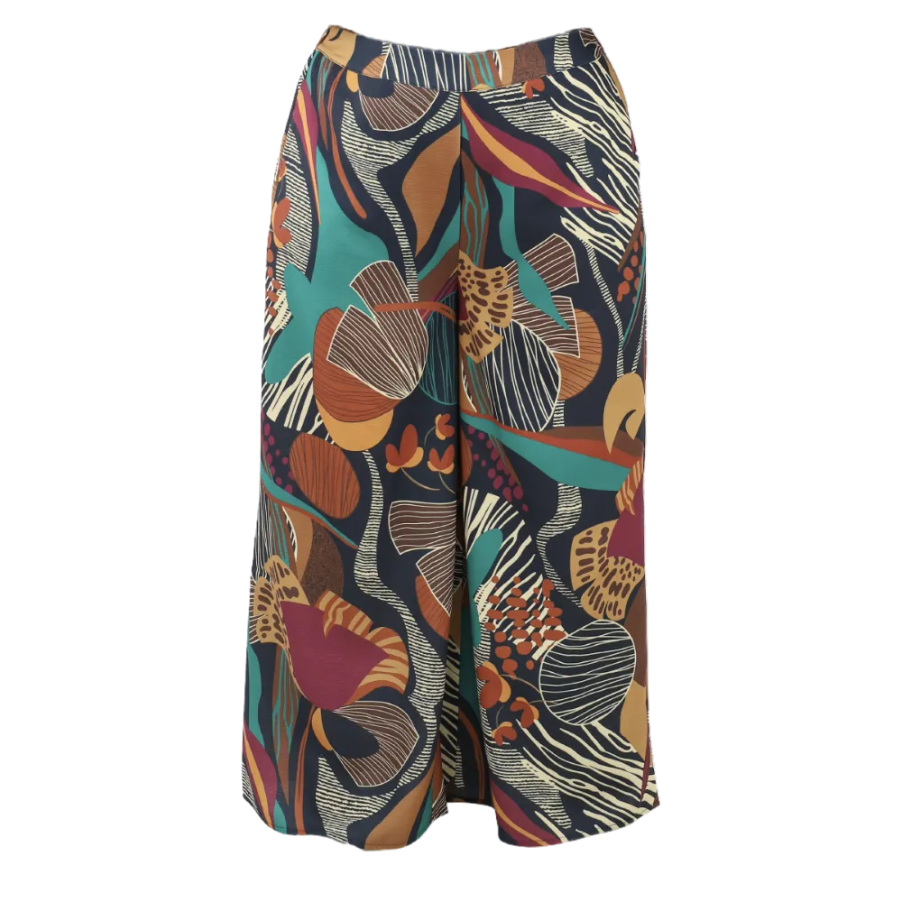Abstract Print Wide Leg Pants - Black