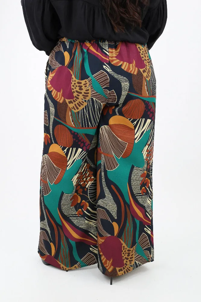 Abstract Print Wide Leg Pants - Black
