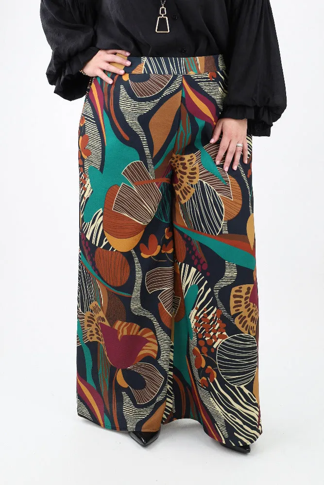 Abstract Print Wide Leg Pants - Black