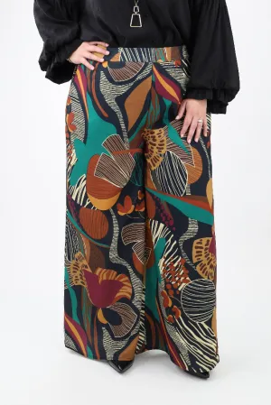 Abstract Print Wide Leg Pants - Black