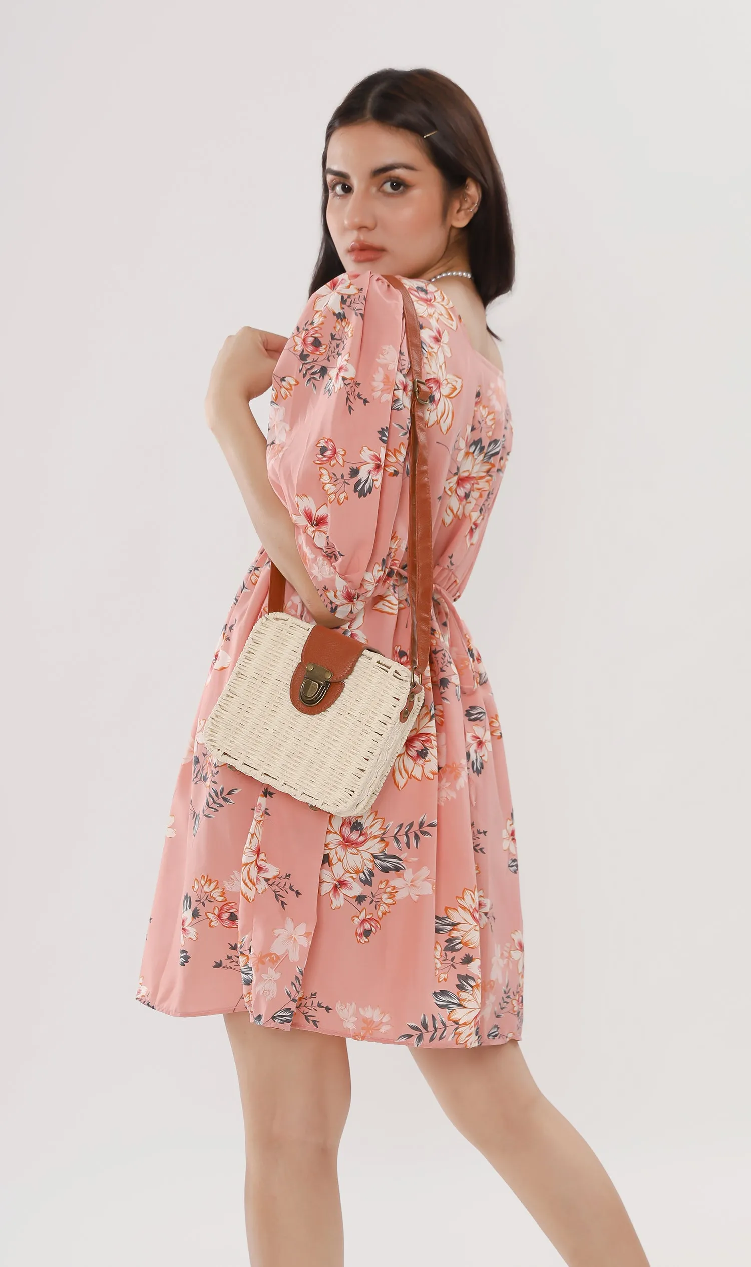 ALINA Floral-Print Puff-Sleeve Dress (Peach)