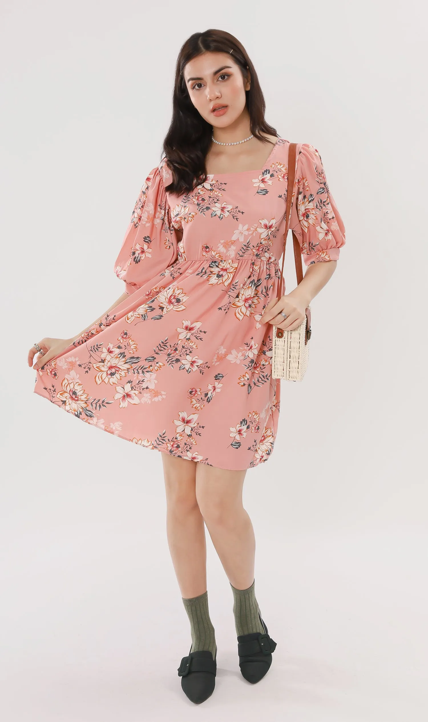 ALINA Floral-Print Puff-Sleeve Dress (Peach)
