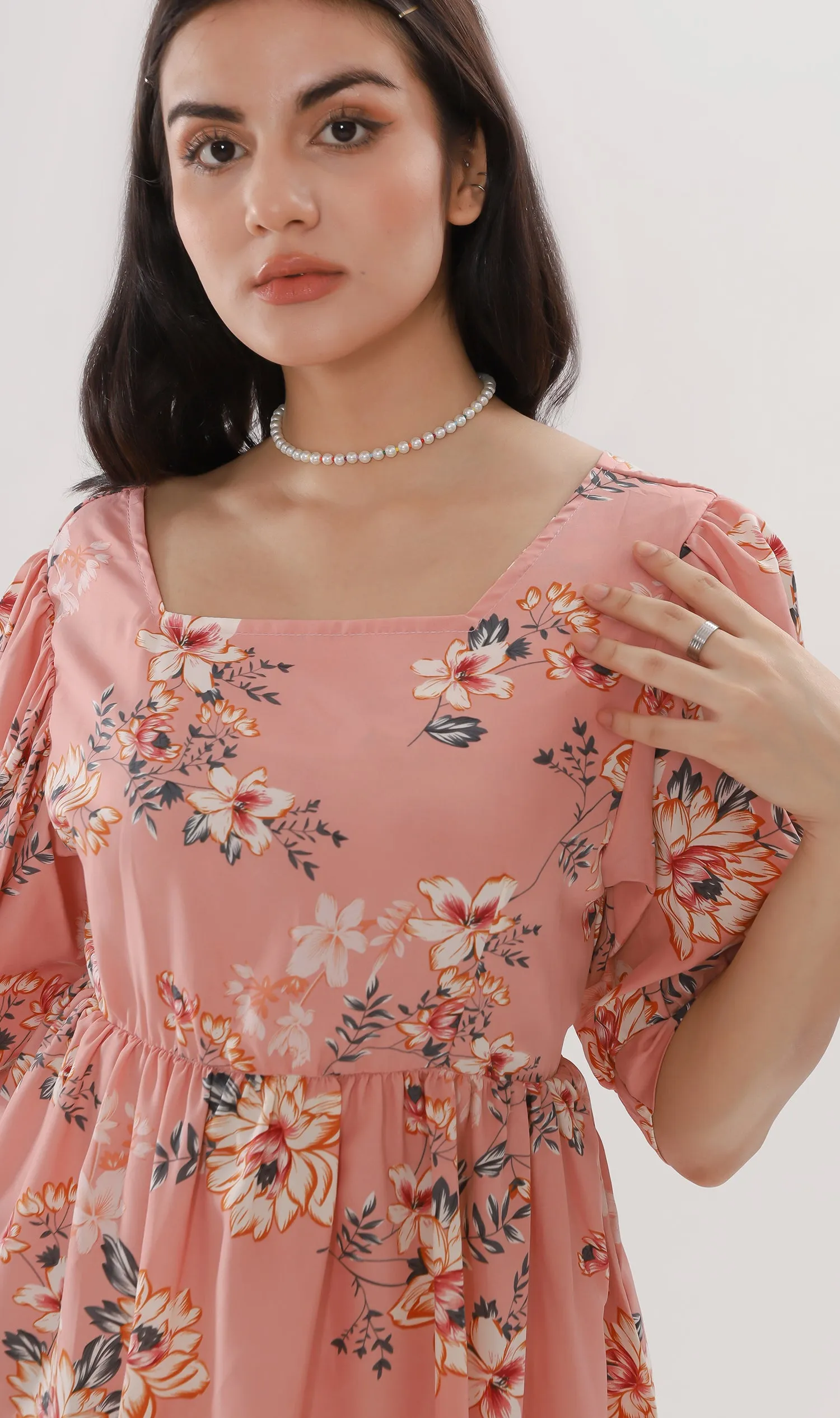 ALINA Floral-Print Puff-Sleeve Dress (Peach)