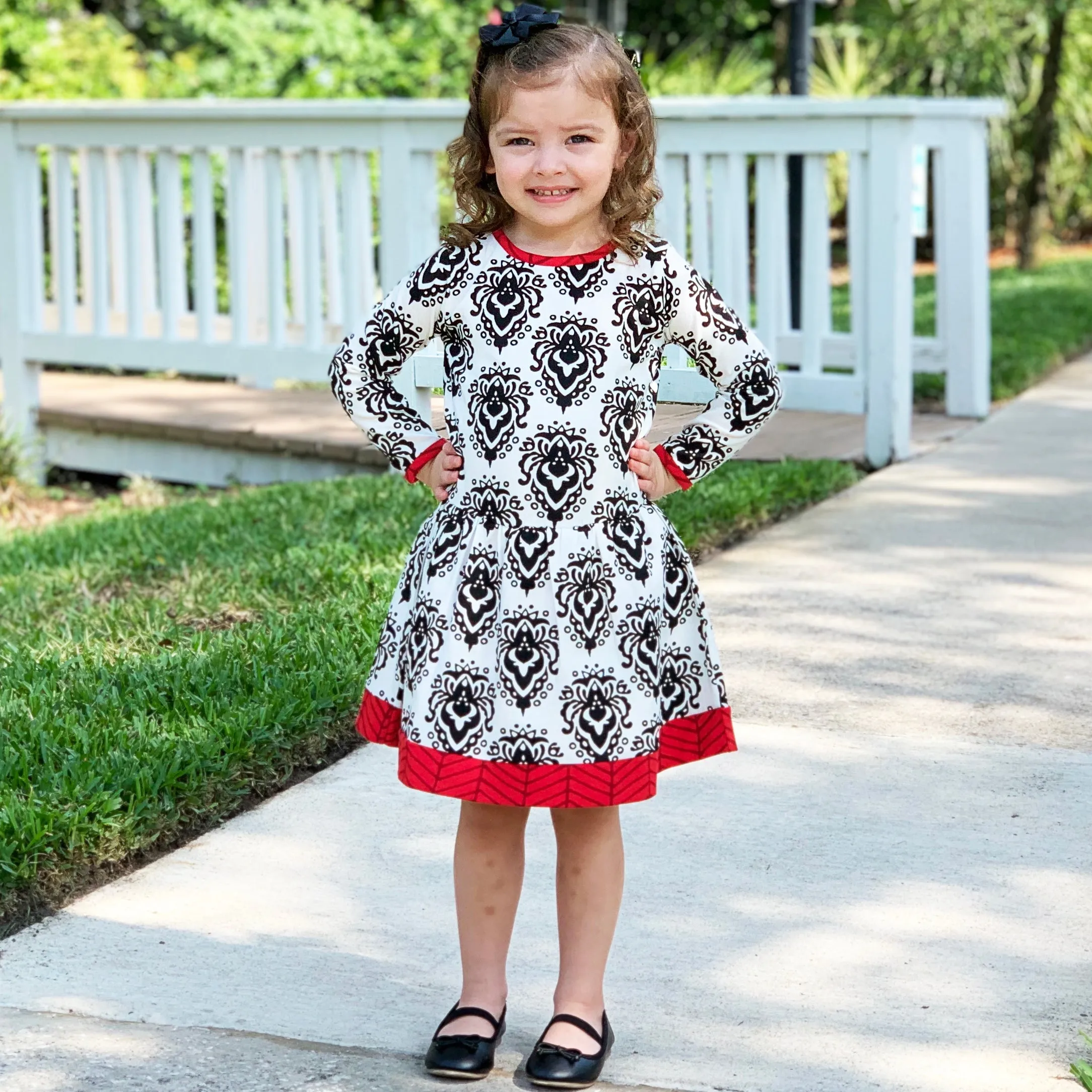 AnnLoren Girls Boutique Holiday Christmas Damask Cotton Fall Winter Dress