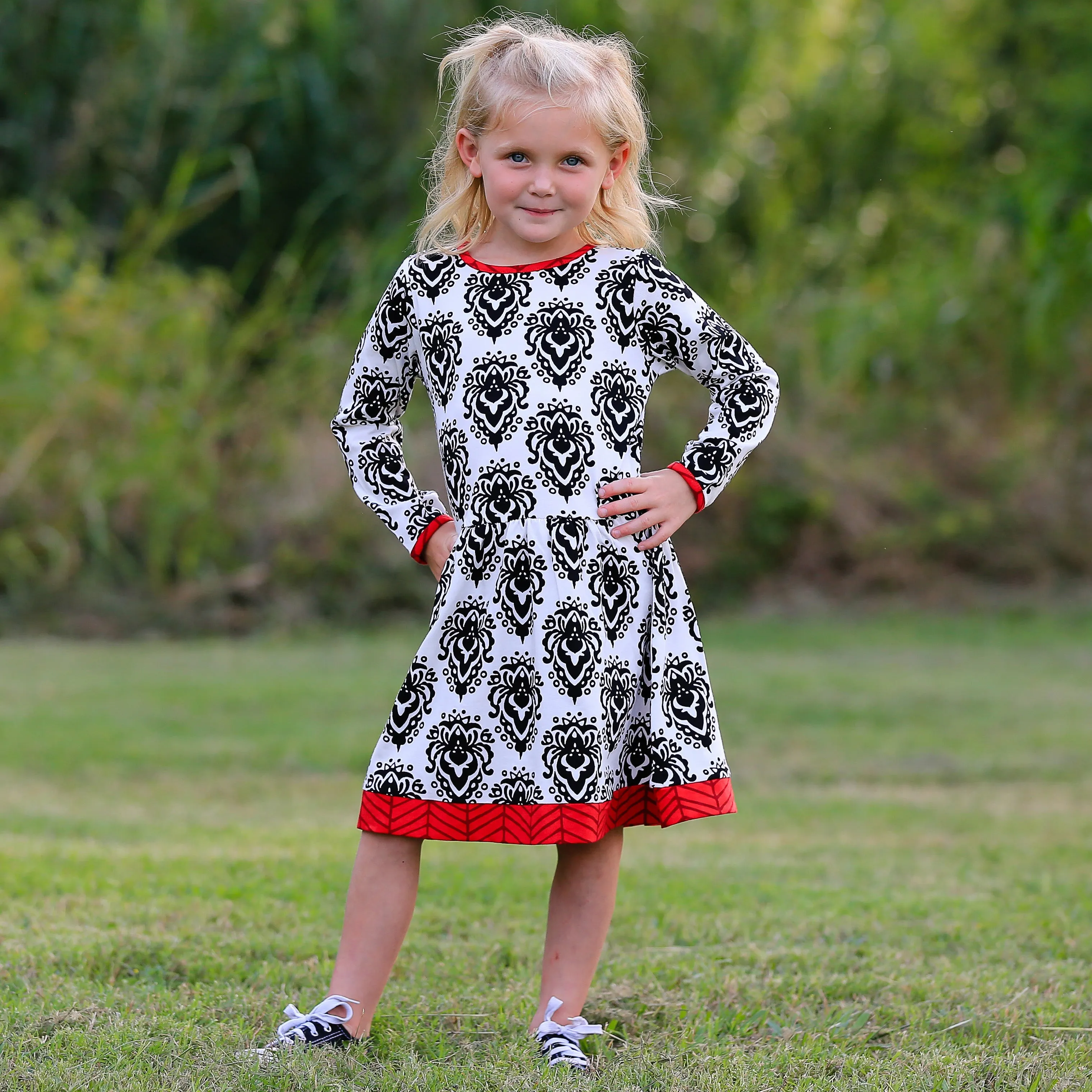 AnnLoren Girls Boutique Holiday Christmas Damask Cotton Fall Winter Dress