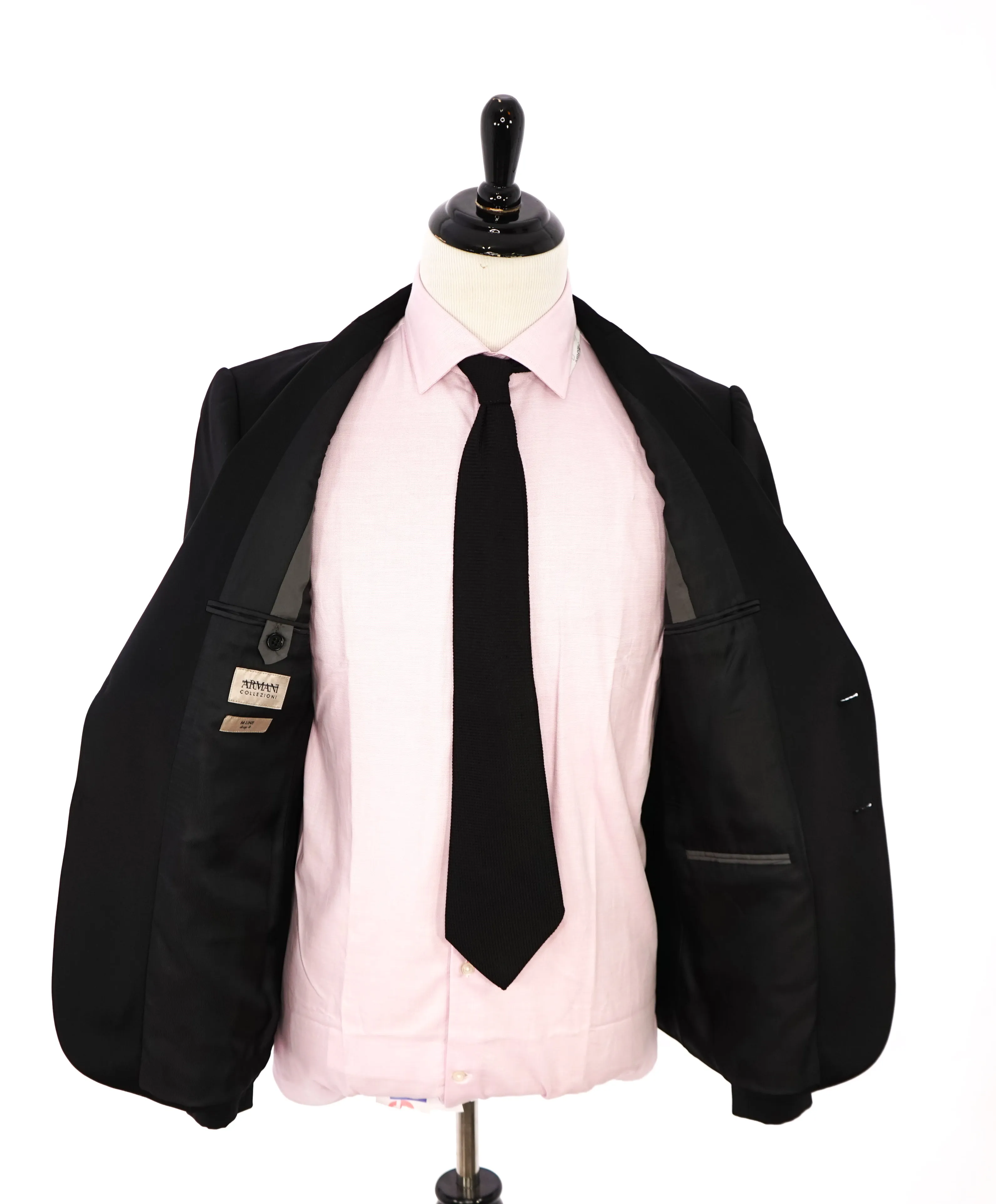 ARMANI COLLEZIONI -Wide Peak Lapel “M Line” Black Satin Detailed Tuxedo - 42R