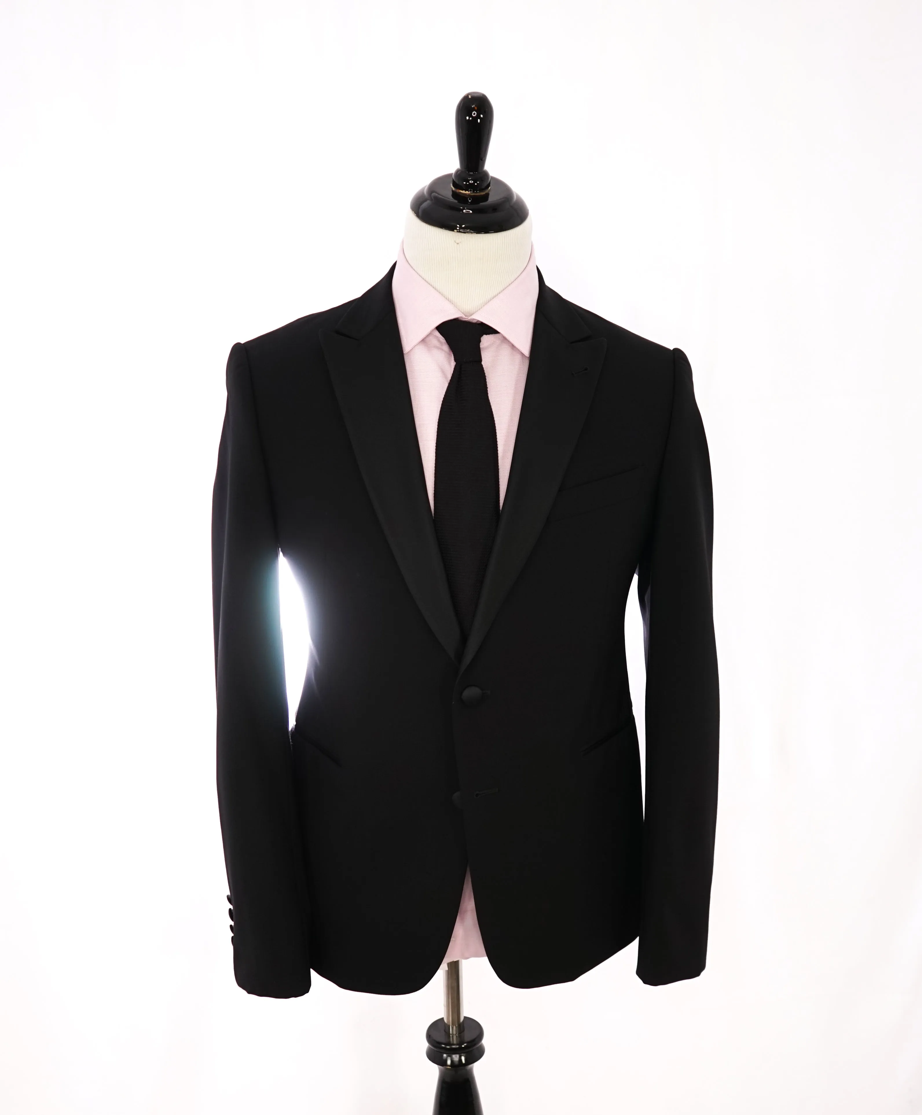 ARMANI COLLEZIONI -Wide Peak Lapel “M Line” Black Satin Detailed Tuxedo - 42R