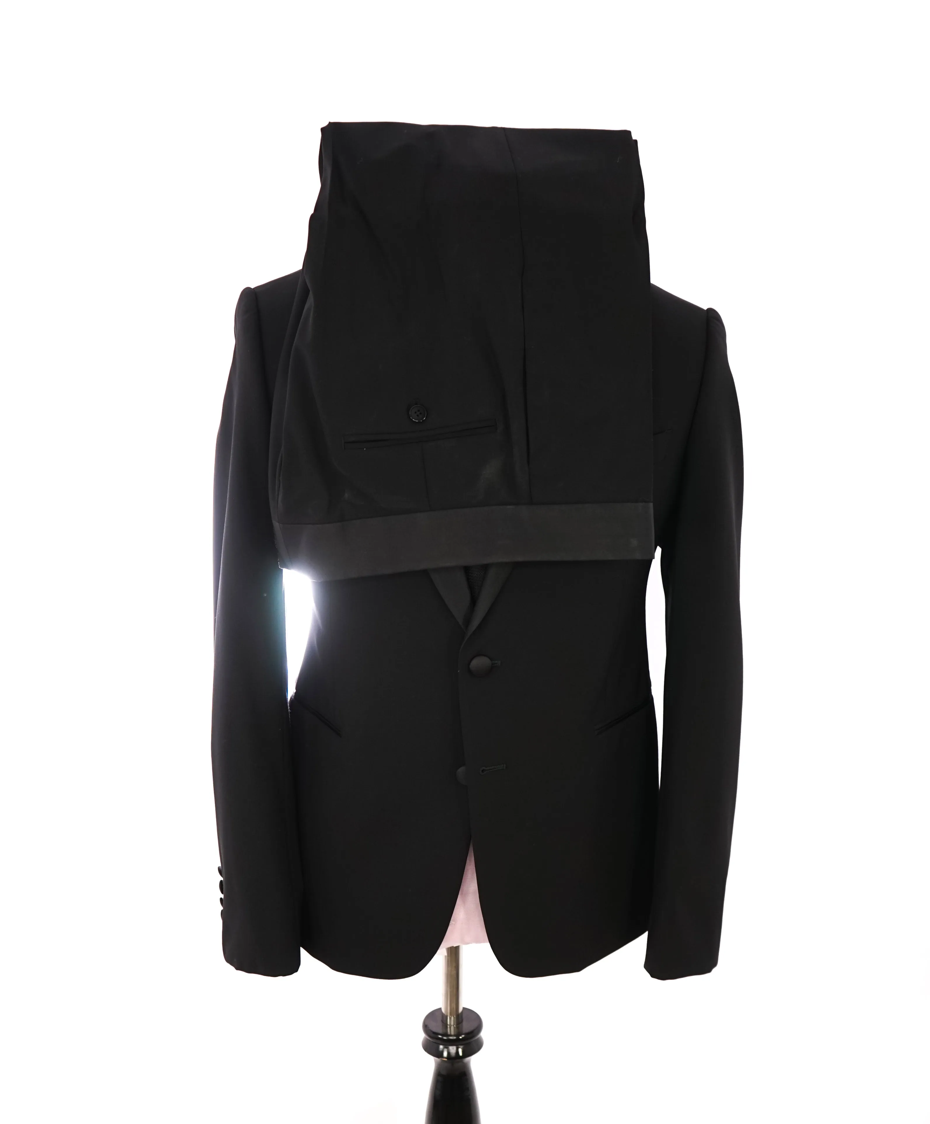 ARMANI COLLEZIONI -Wide Peak Lapel “M Line” Black Satin Detailed Tuxedo - 42R