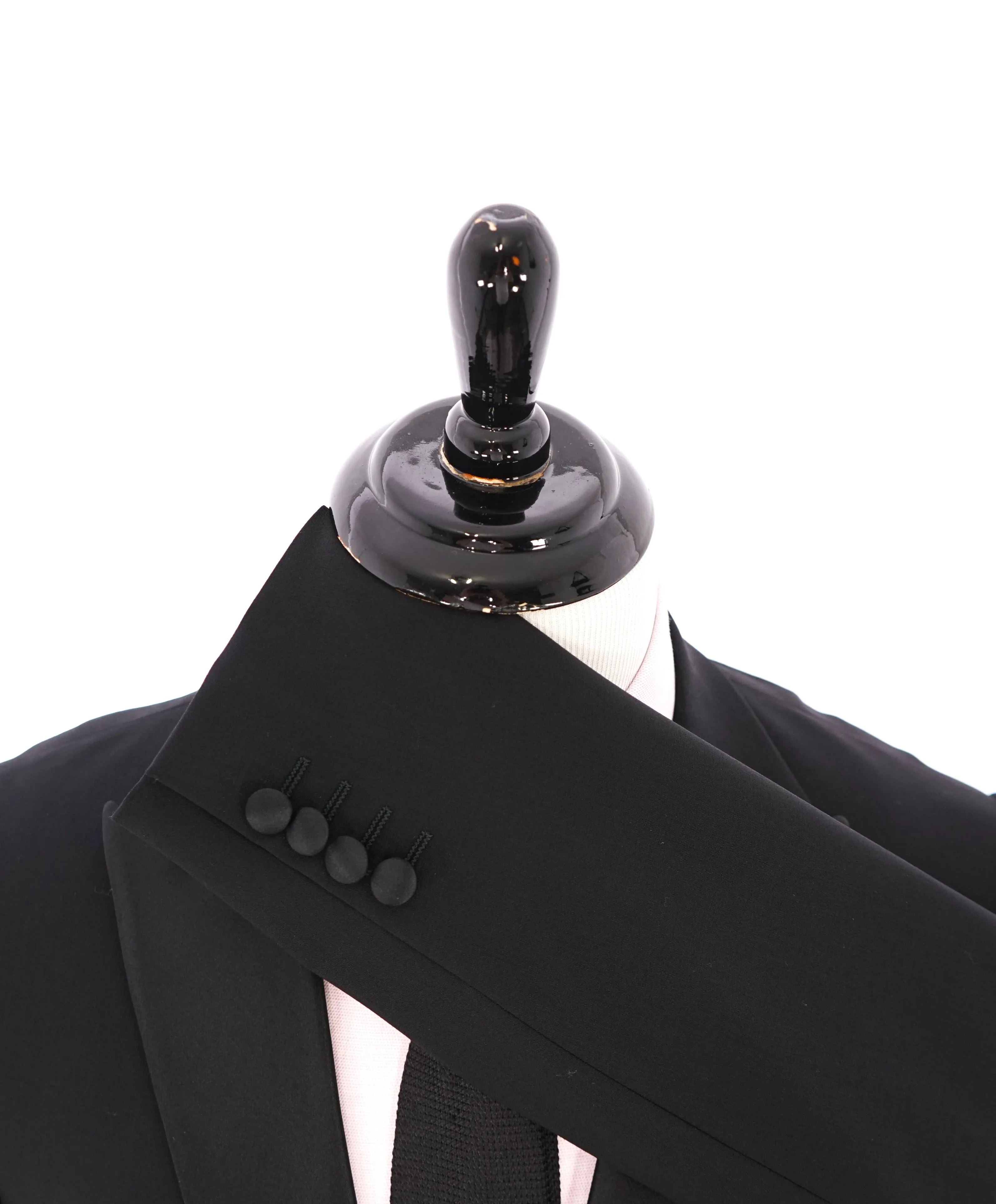 ARMANI COLLEZIONI -Wide Peak Lapel “M Line” Black Satin Detailed Tuxedo - 42R
