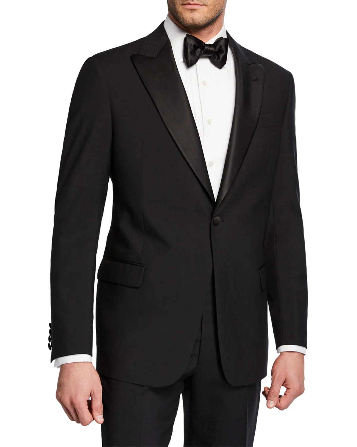 ARMANI COLLEZIONI -Wide Peak Lapel “M Line” Black Satin Detailed Tuxedo - 42R