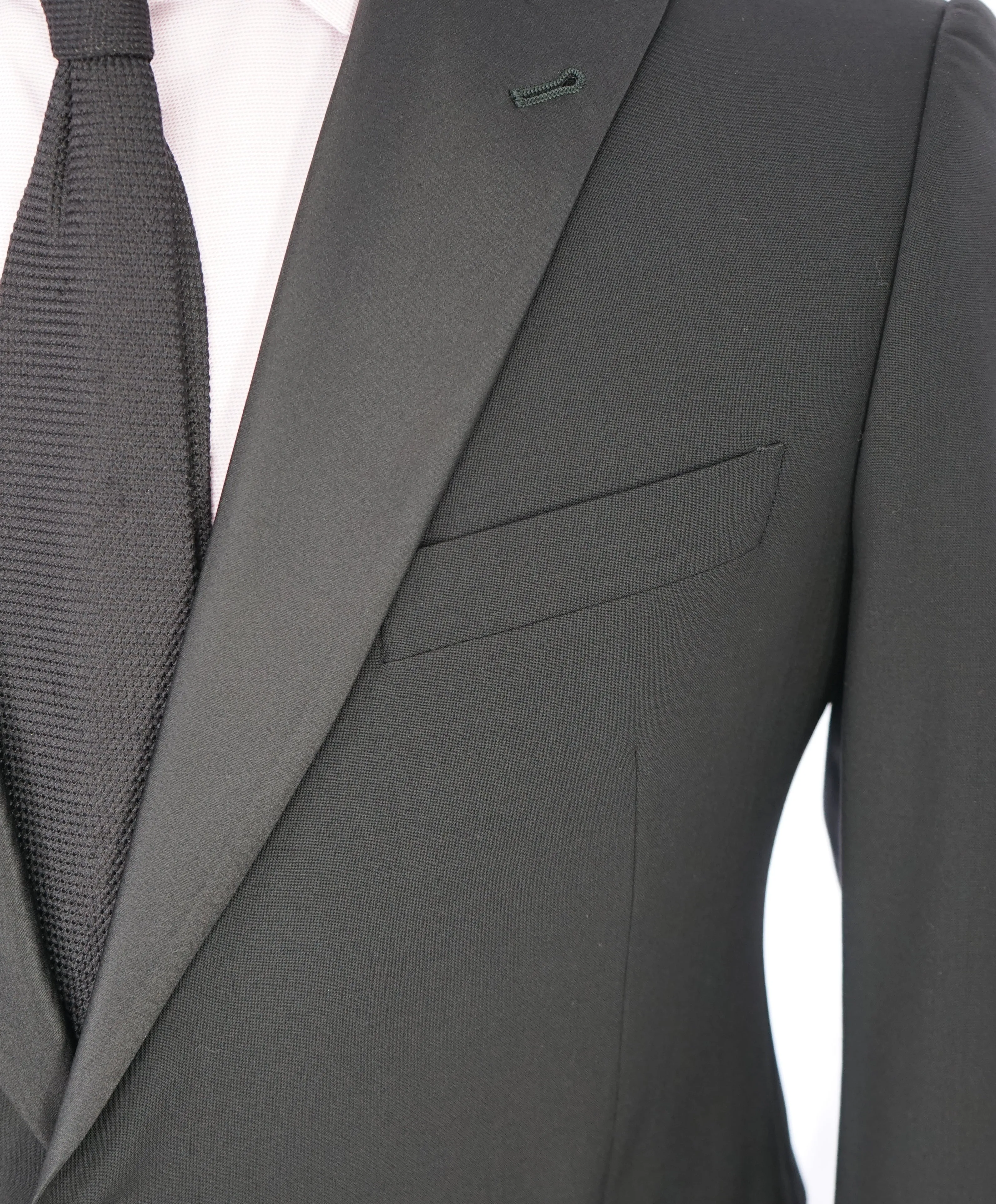 ARMANI COLLEZIONI -Wide Peak Lapel “M Line” Black Satin Detailed Tuxedo - 42R